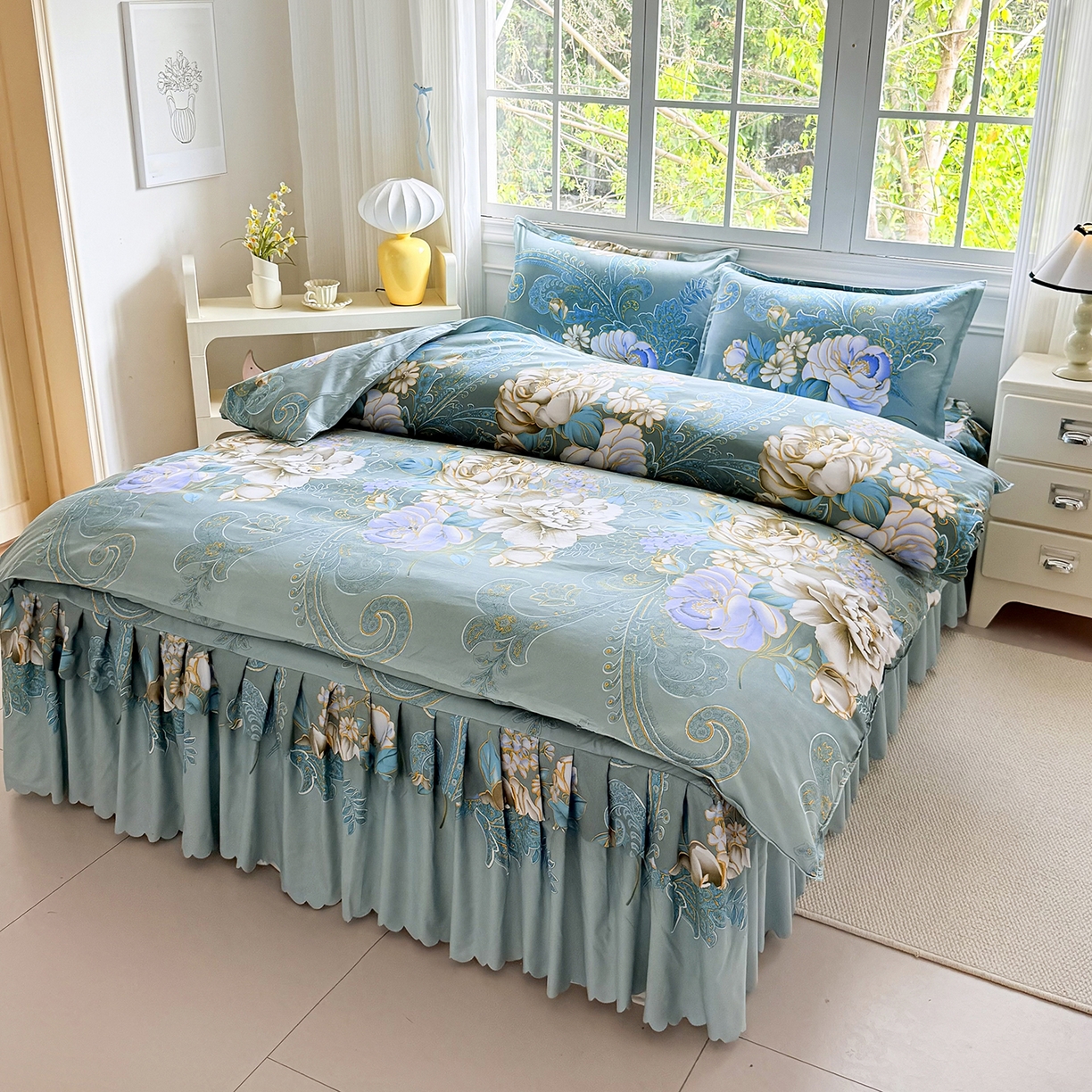 91家纺网 家纺一手货源 找家纺 亿佳人 2026新款芦荟棉化纤四件套单床裙单枕套-床裙款四件套 香飘四溢