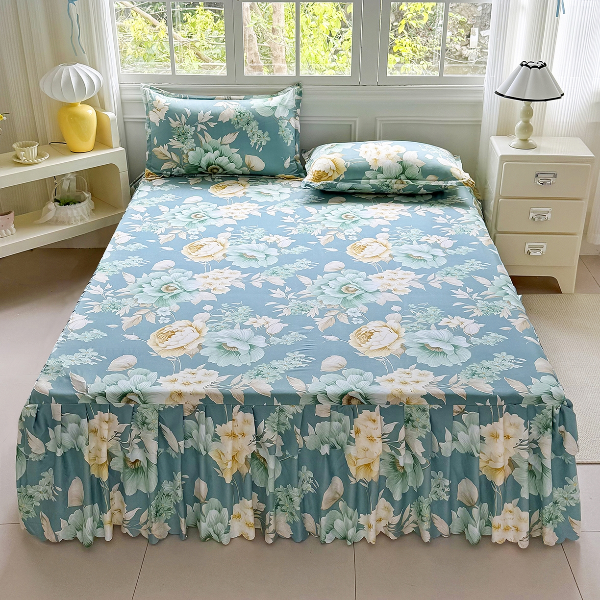 91家纺网 家纺一手货源 找家纺 亿佳人 2026新款芦荟棉化纤四件套单床裙单枕套-床裙款四件套 乐开花