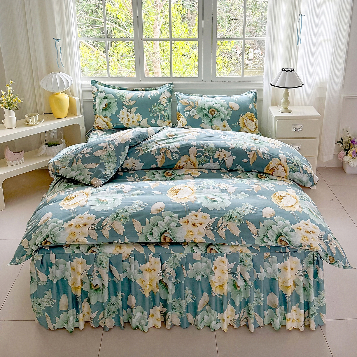 亿佳人 2026新款芦荟棉化纤四件套单床裙单枕套-床裙款四件套 乐开花