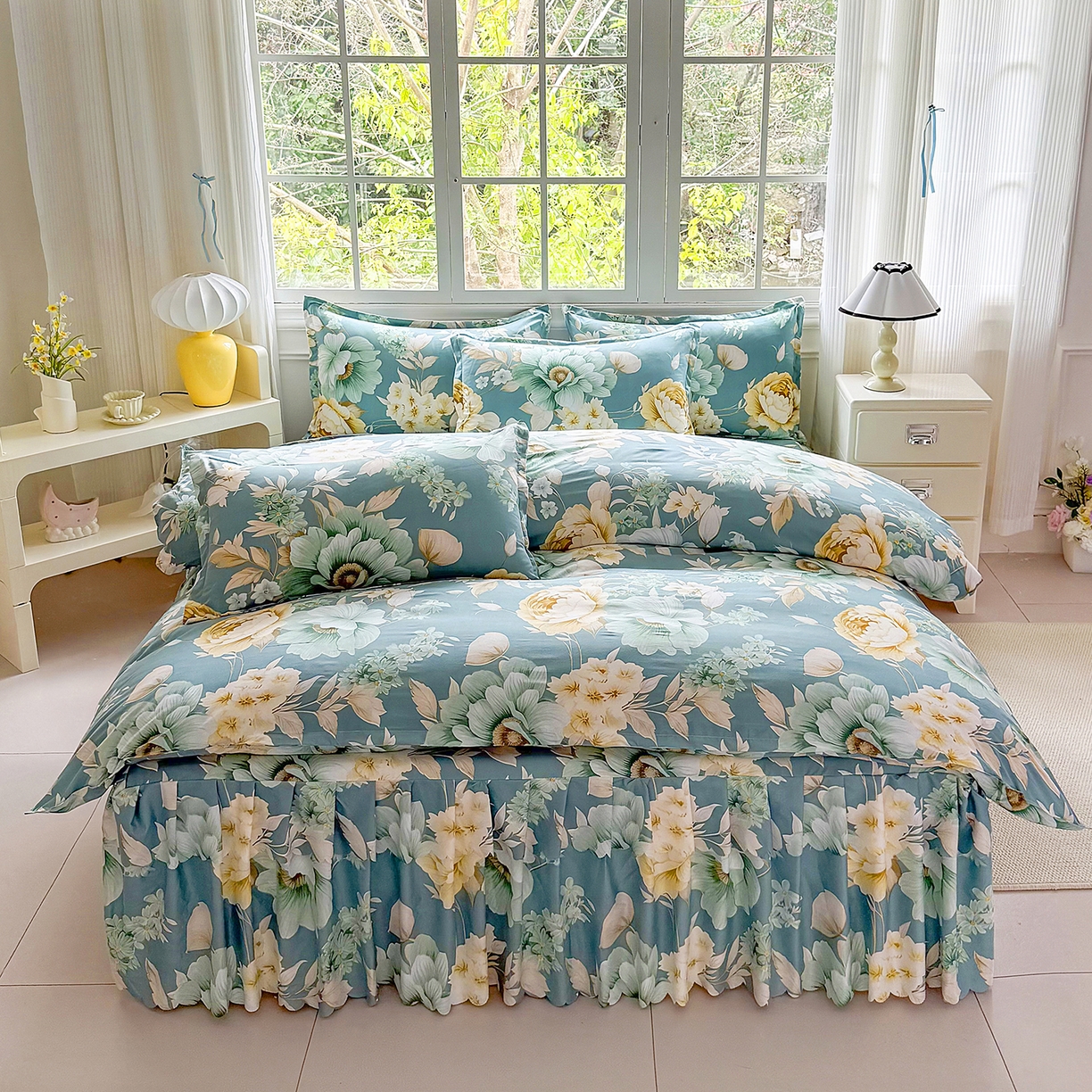 91家纺网 家纺一手货源 找家纺 亿佳人 2026新款芦荟棉化纤四件套单床裙单枕套-床裙款四件套 乐开花