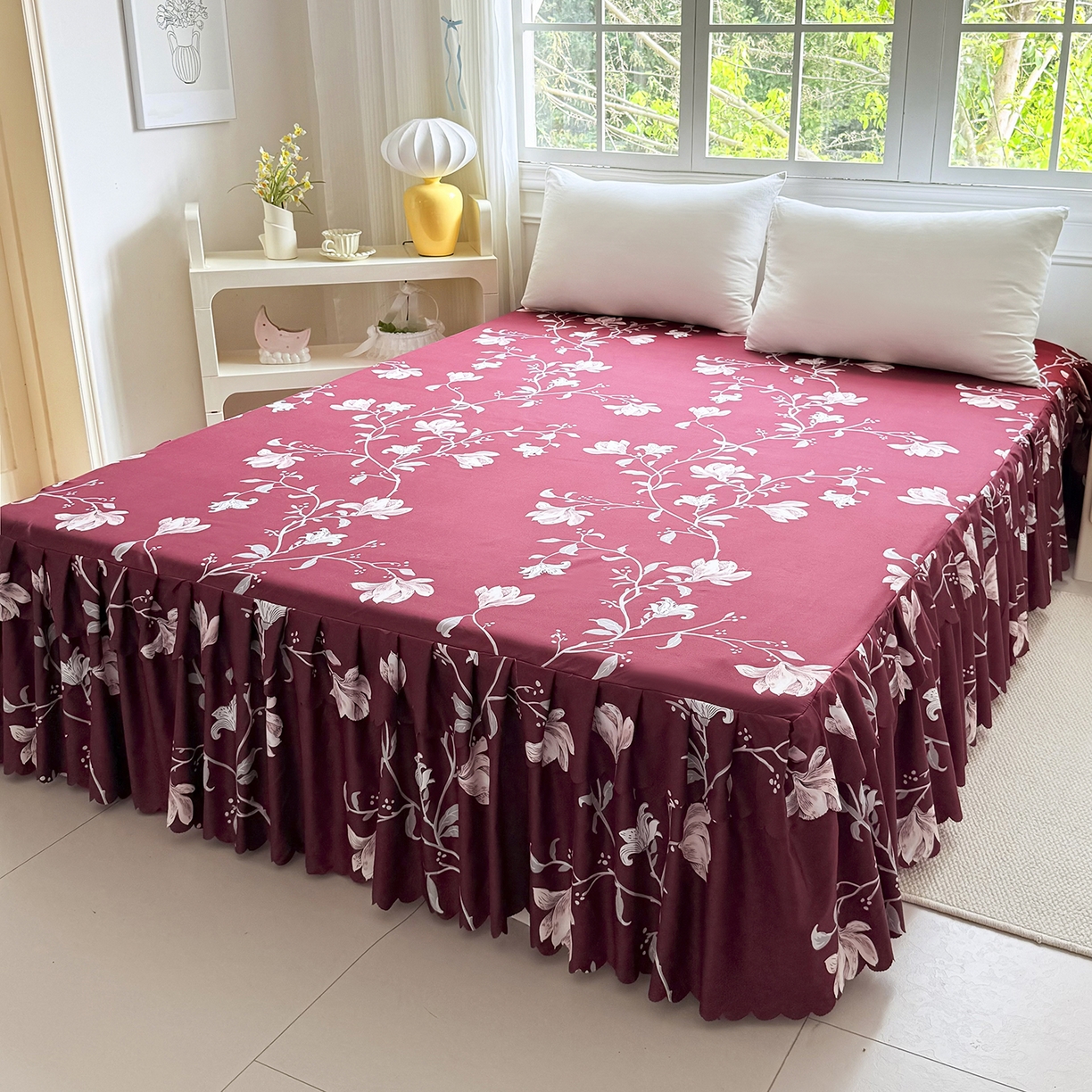 91家纺网 家纺一手货源 找家纺 亿佳人 2026新款芦荟棉化纤四件套单床裙单枕套-床裙款四件套 酒红玉枝