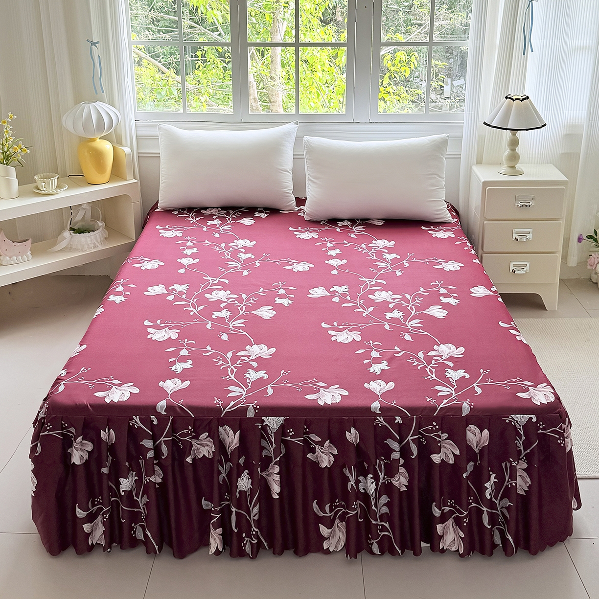 91家纺网 家纺一手货源 找家纺 亿佳人 2026新款芦荟棉化纤四件套单床裙单枕套-床裙款四件套 酒红玉枝