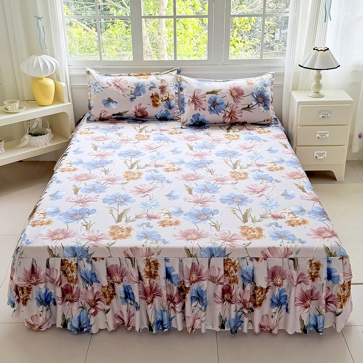 91家纺网 家纺一手货源 找家纺 亿佳人 2026新款芦荟棉化纤四件套单床裙单枕套-床裙款四件套 花颜悦色