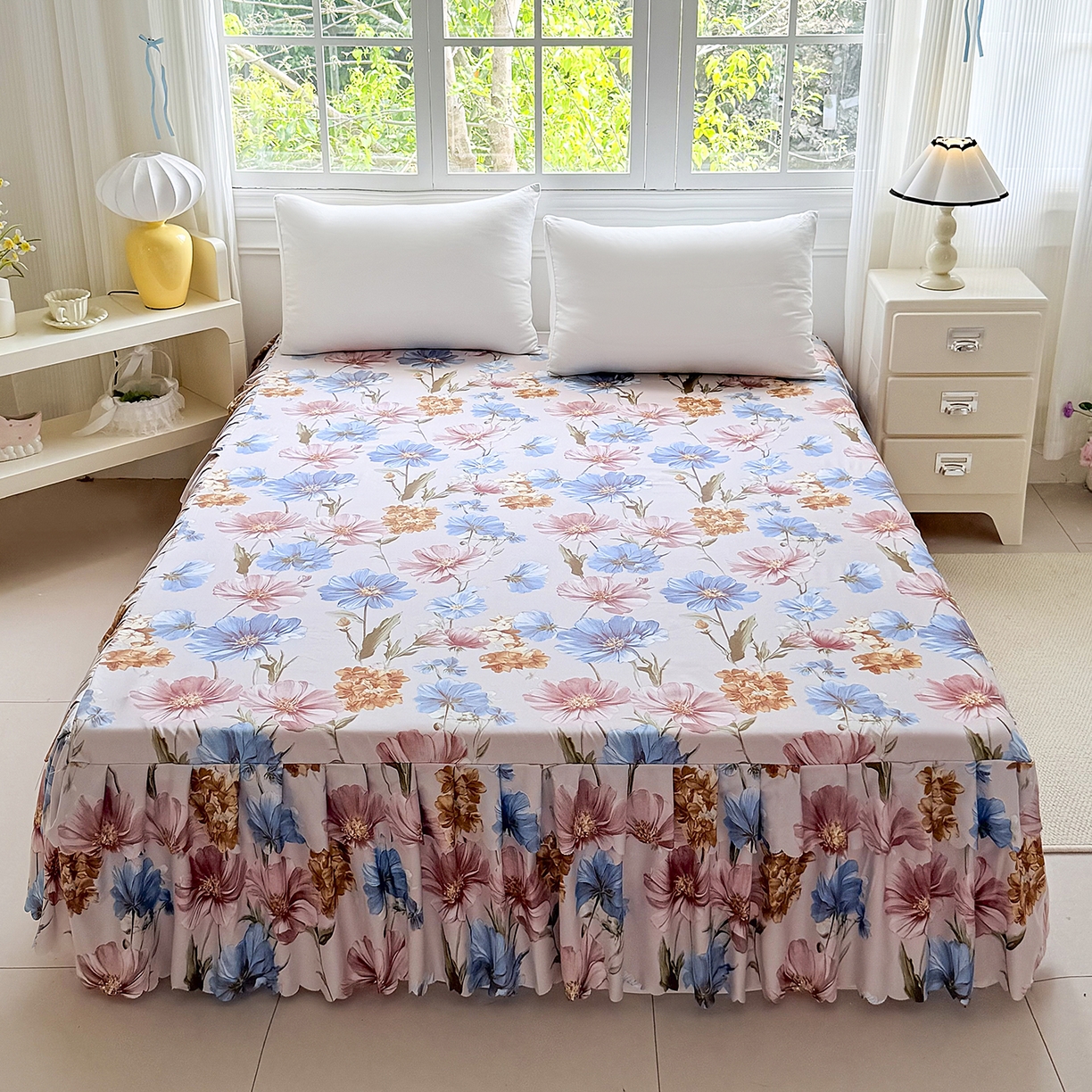 91家纺网 家纺一手货源 找家纺 亿佳人 2026新款芦荟棉化纤四件套单床裙单枕套-床裙款四件套 花颜悦色