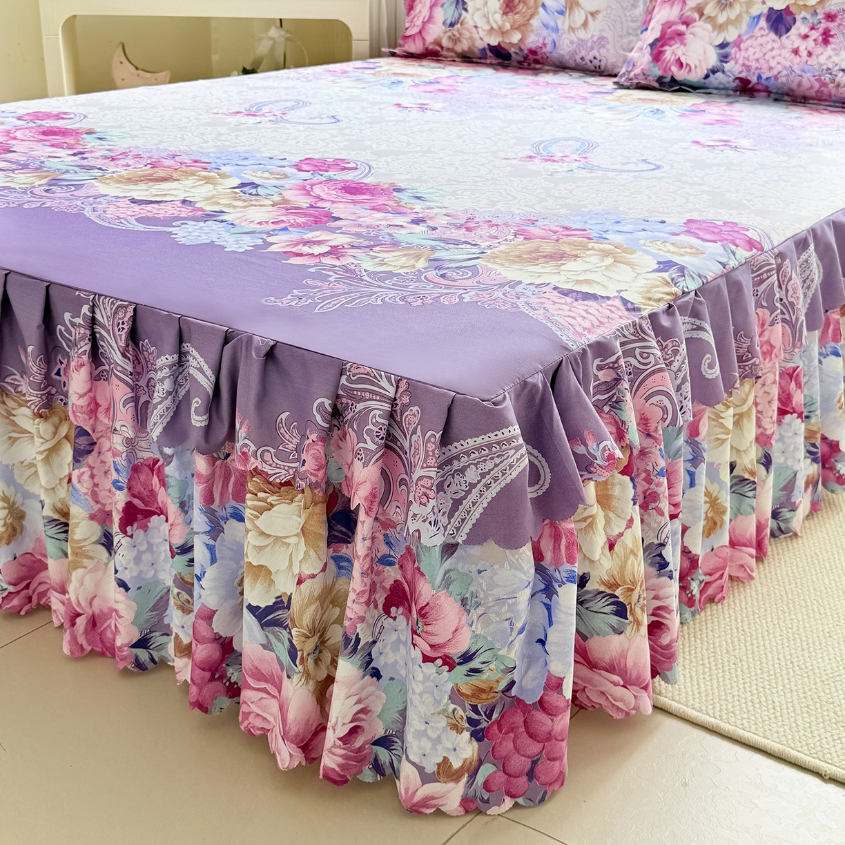 91家纺网 家纺一手货源 找家纺 亿佳人 2026新款芦荟棉化纤四件套单床裙单枕套-床裙款四件套 紫梦