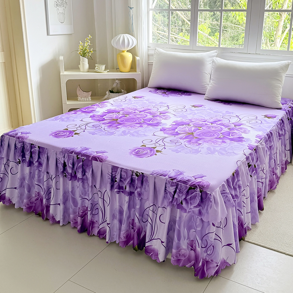 91家纺网 家纺一手货源 找家纺 亿佳人 2026新款芦荟棉化纤四件套单床裙单枕套-床裙款四件套 紫气东来