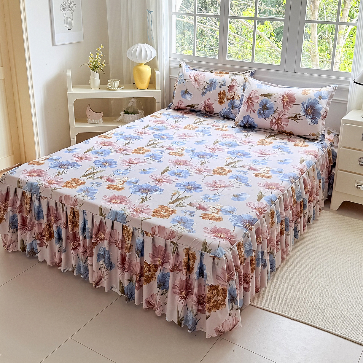 91家纺网 家纺一手货源 找家纺 亿佳人 2026新款芦荟棉化纤四件套单床裙单枕套-床裙款四件套 花颜悦色