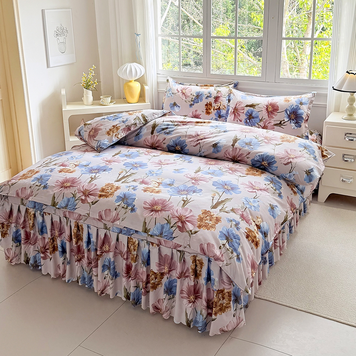 91家纺网 家纺一手货源 找家纺 亿佳人 2026新款芦荟棉化纤四件套单床裙单枕套-床裙款四件套 花颜悦色