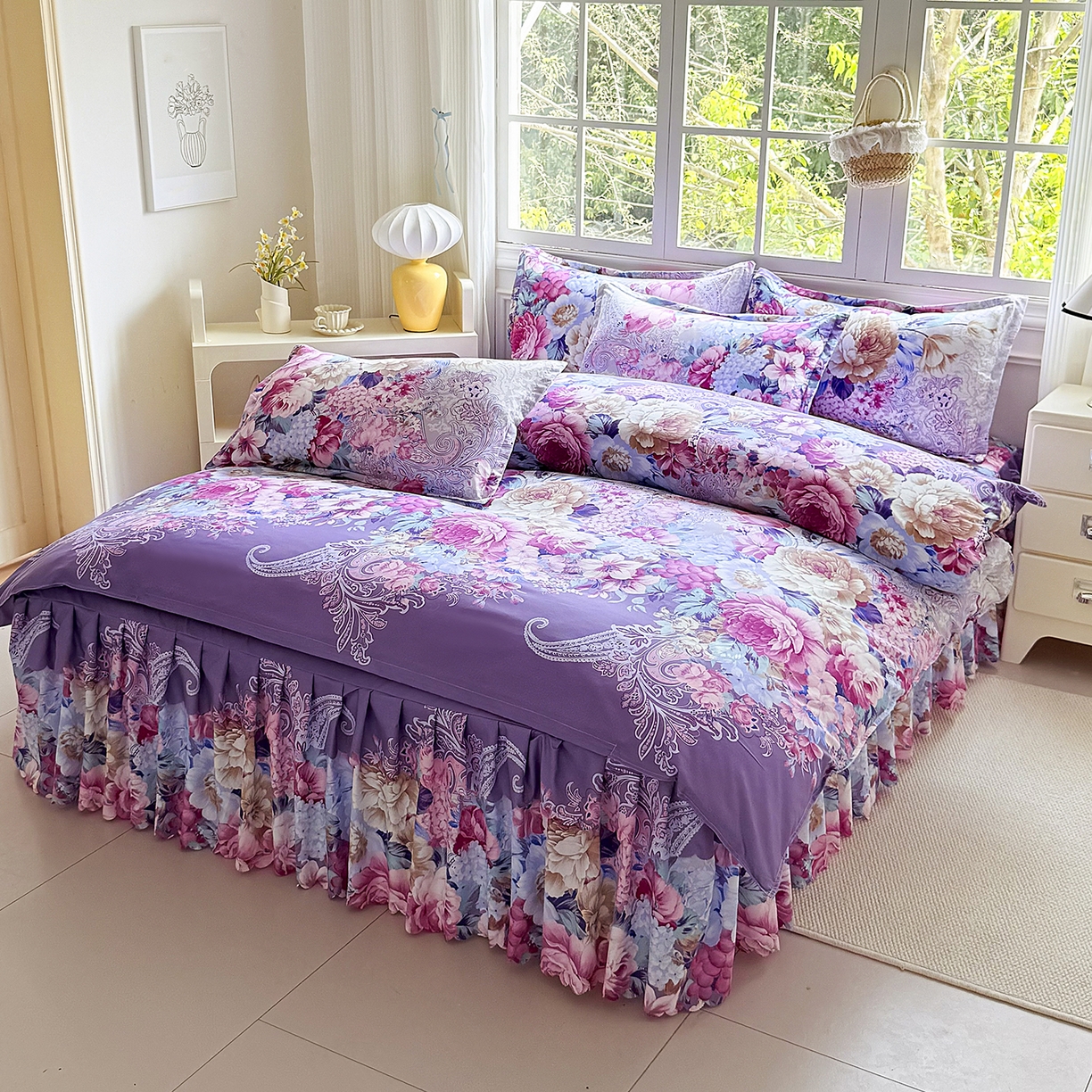 91家纺网 家纺一手货源 找家纺 亿佳人 2026新款芦荟棉化纤四件套单床裙单枕套-床裙款四件套 紫梦