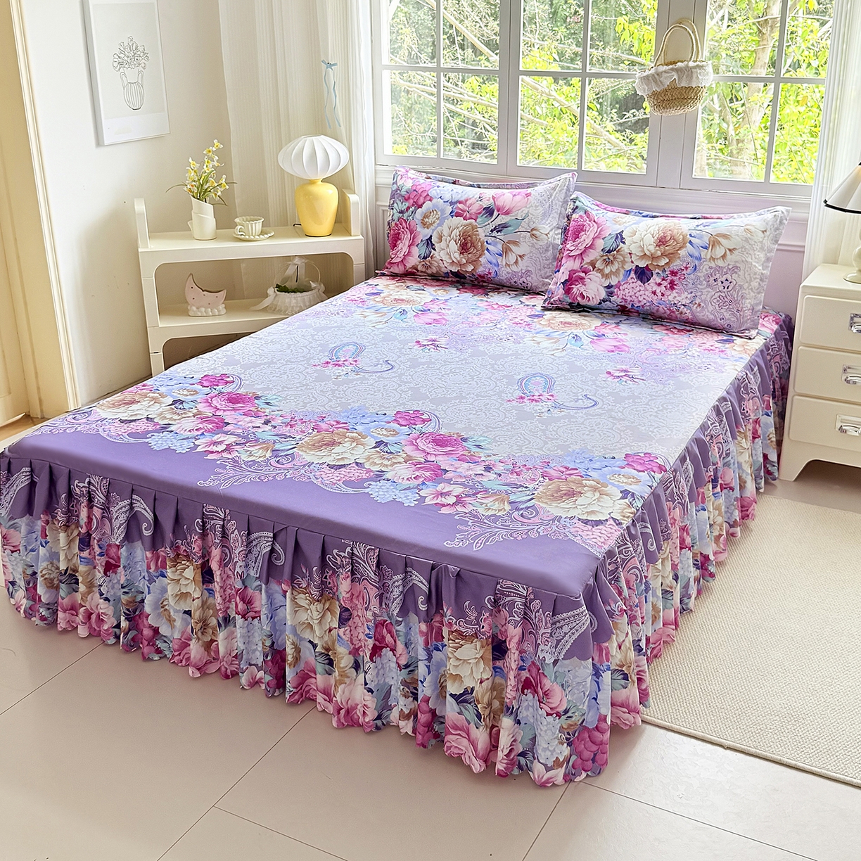 91家纺网 家纺一手货源 找家纺 亿佳人 2026新款芦荟棉化纤四件套单床裙单枕套-床裙款四件套 紫梦