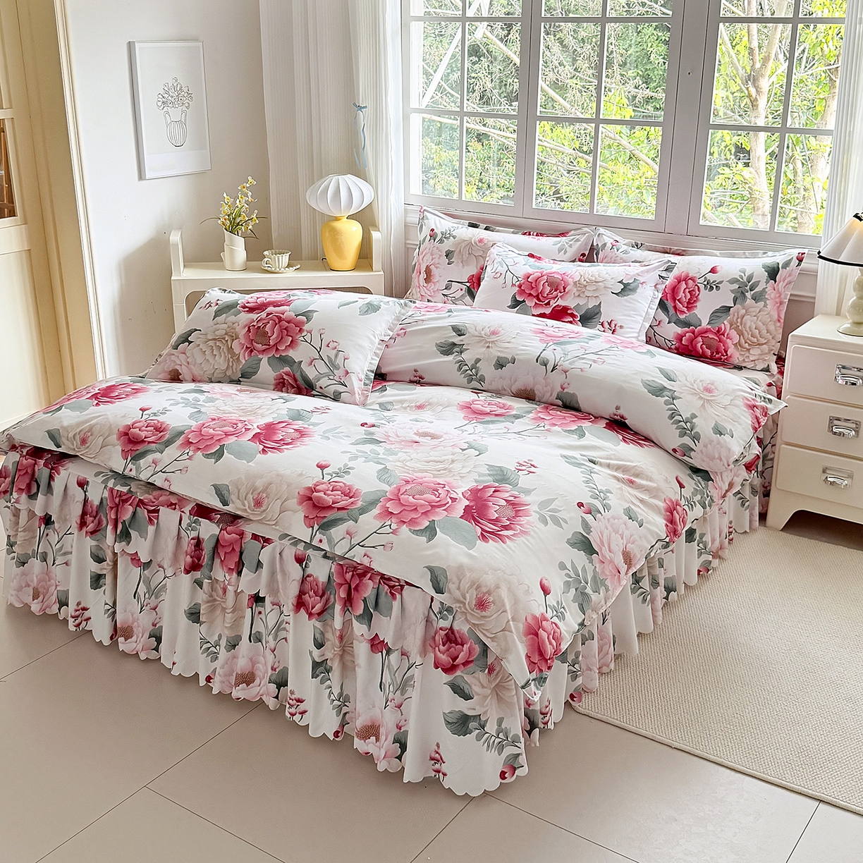 91家纺网 家纺一手货源 找家纺 亿佳人 2026新款芦荟棉化纤四件套单床裙单枕套-床裙款四件套 花开富贵