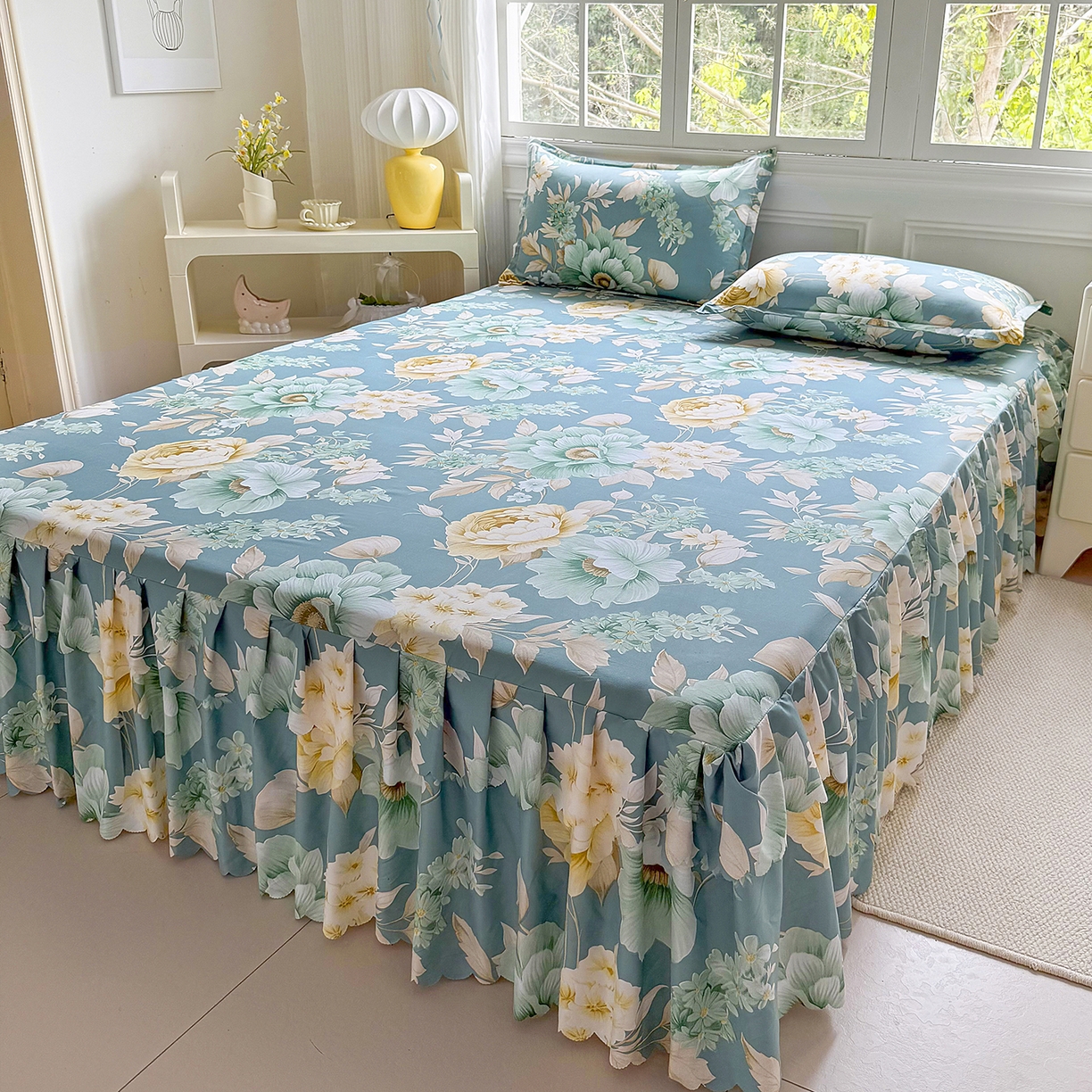 91家纺网 家纺一手货源 找家纺 亿佳人 2026新款芦荟棉化纤四件套单床裙单枕套-床裙款四件套 乐开花