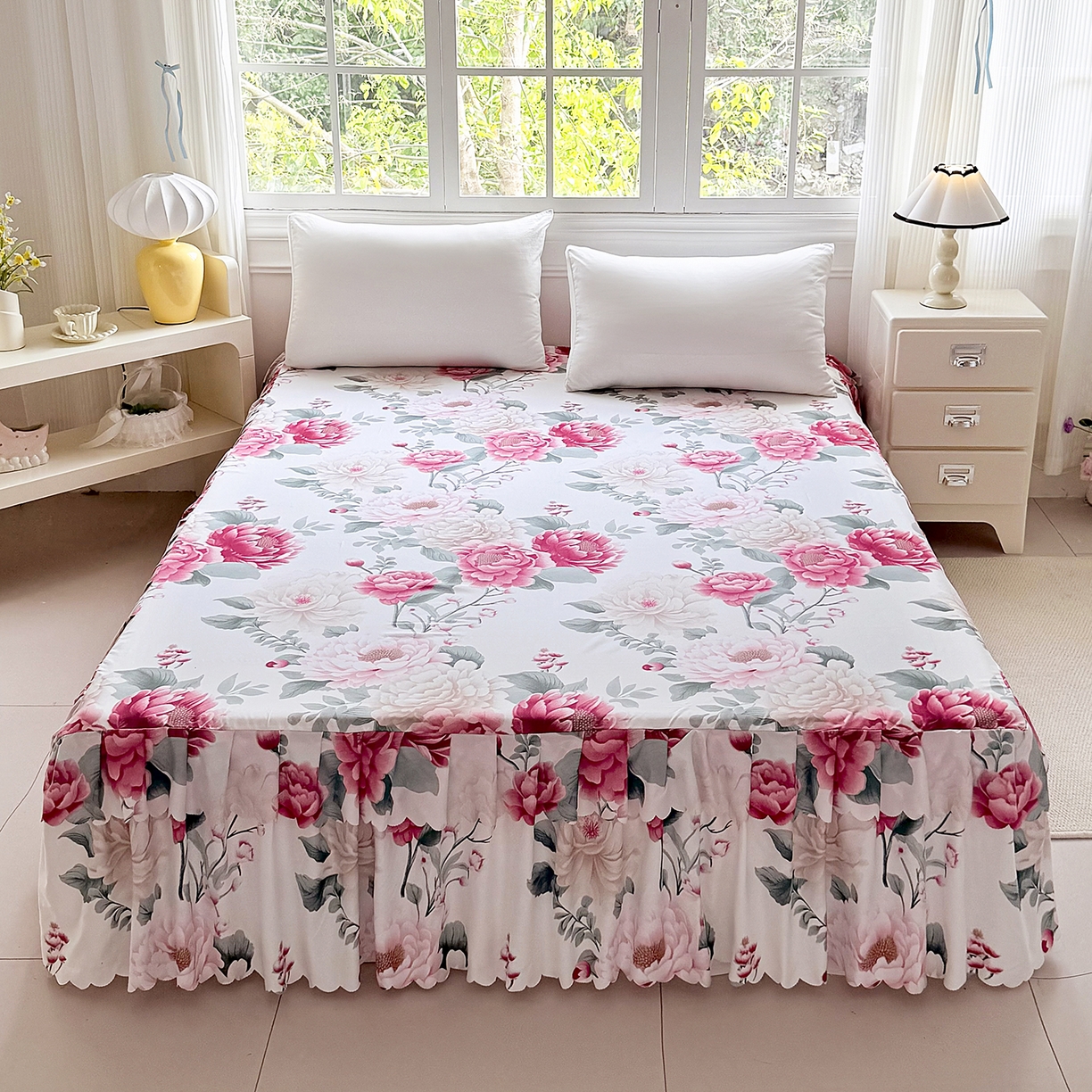 91家纺网 家纺一手货源 找家纺 亿佳人 2026新款芦荟棉化纤四件套单床裙单枕套-床裙款四件套 花开富贵