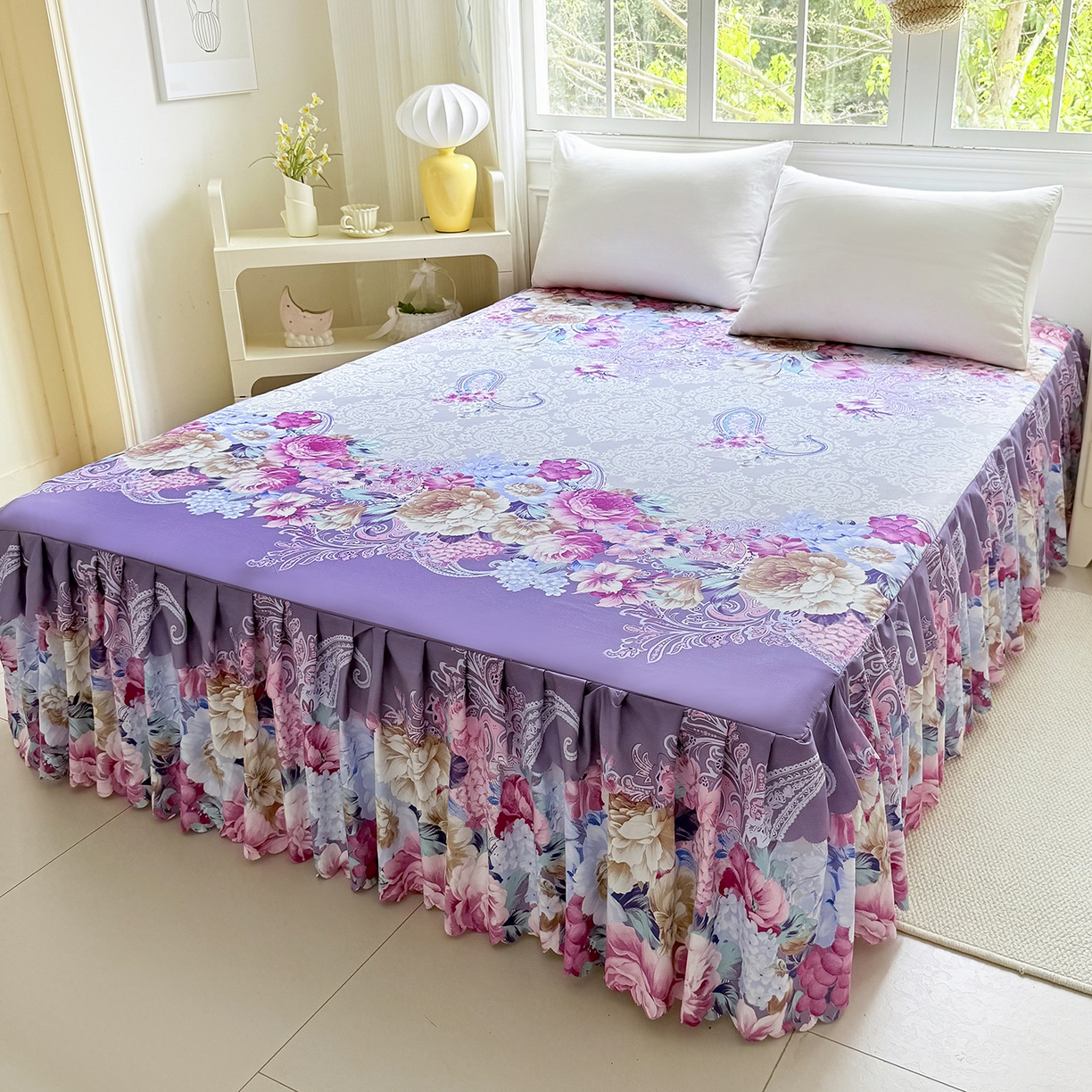 91家纺网 家纺一手货源 找家纺 亿佳人 2026新款芦荟棉化纤四件套单床裙单枕套-床裙款四件套 紫梦