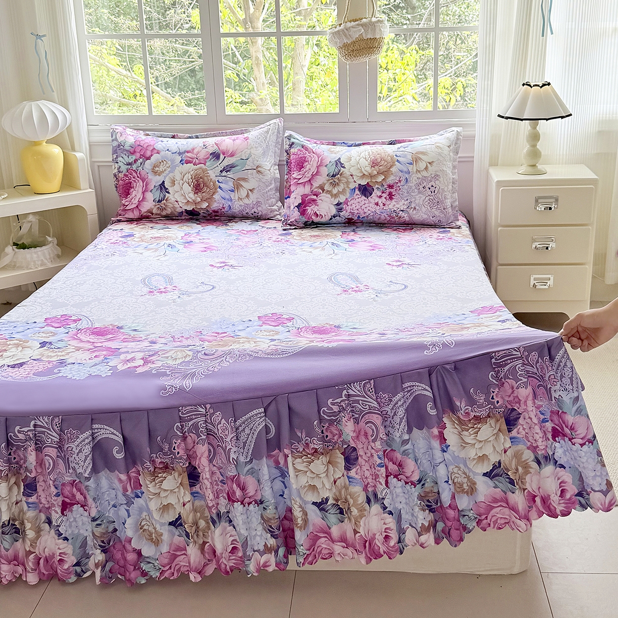 91家纺网 家纺一手货源 找家纺 亿佳人 2026新款芦荟棉化纤四件套单床裙单枕套-床裙款四件套 紫梦