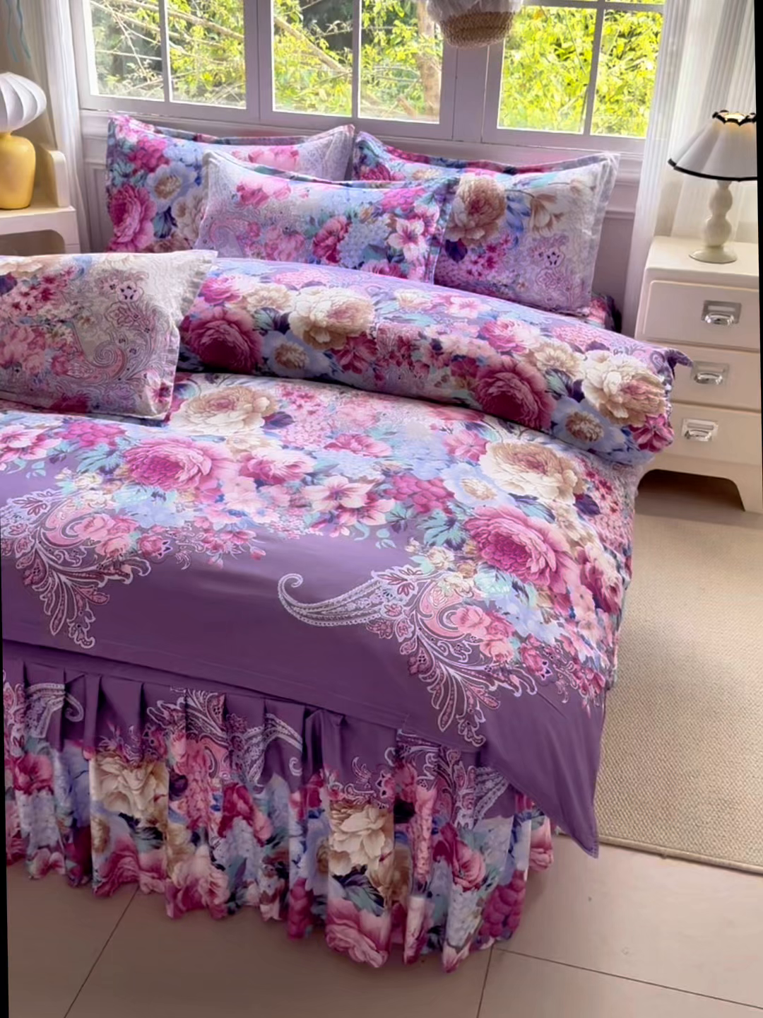 91家纺网 家纺一手货源 找家纺 亿佳人 2026新款芦荟棉化纤四件套单床裙单枕套-床裙款四件套 紫梦