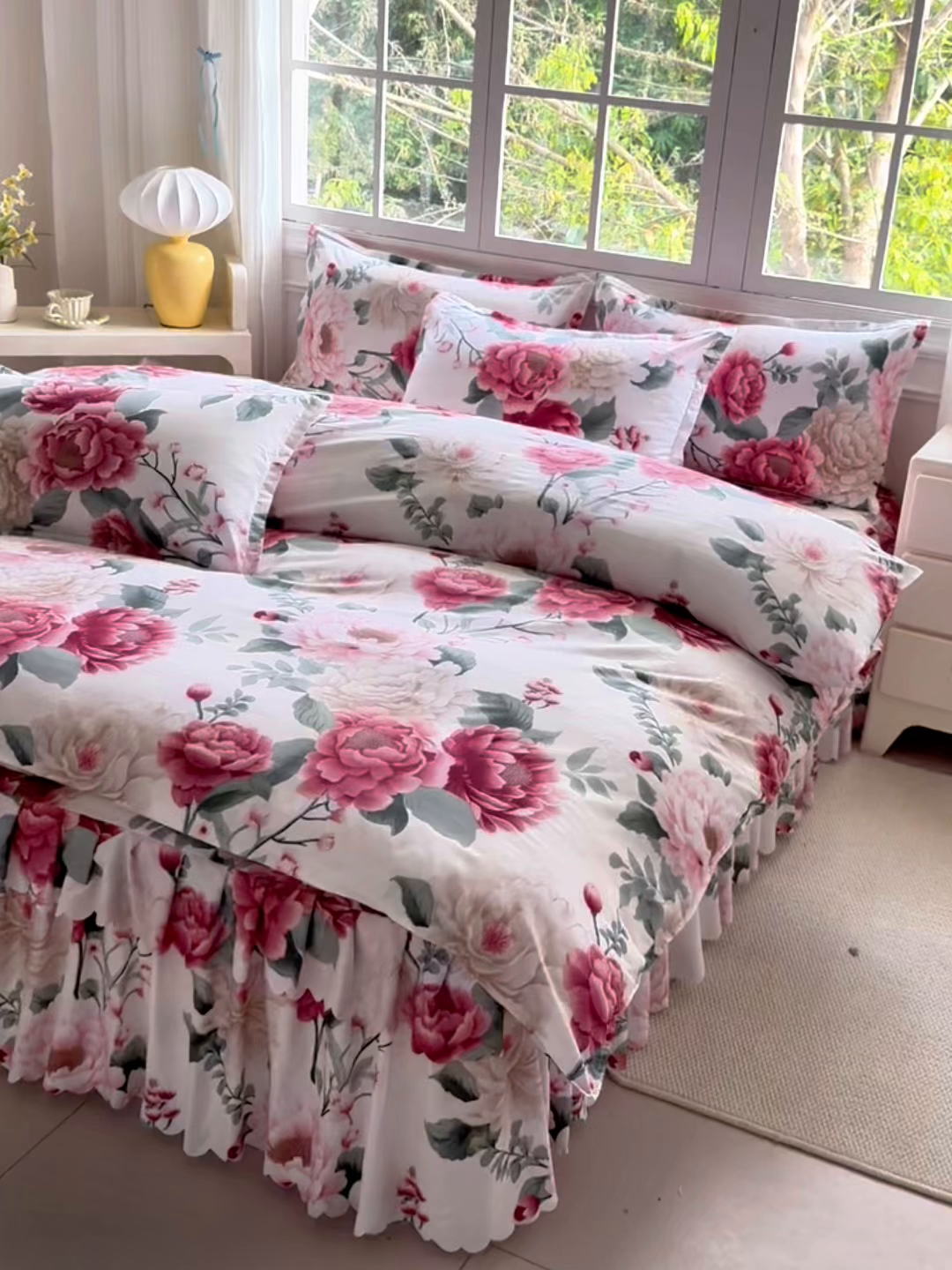 91家纺网 家纺一手货源 找家纺 亿佳人 2026新款芦荟棉化纤四件套单床裙单枕套-床裙款四件套 花开富贵