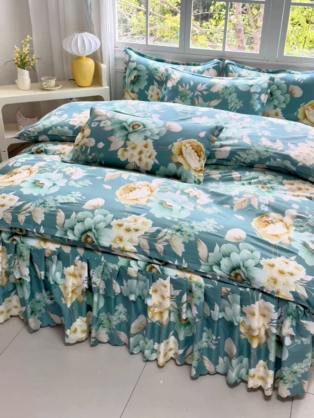 91家纺网 家纺一手货源 找家纺 亿佳人 2026新款芦荟棉化纤四件套单床裙单枕套-床裙款四件套 乐开花