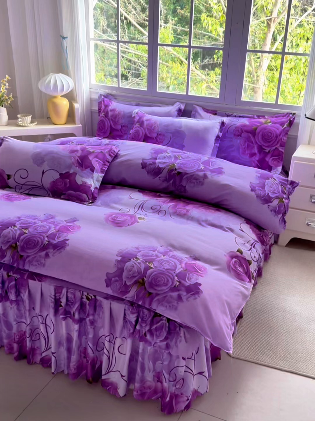 91家纺网 家纺一手货源 找家纺 亿佳人 2026新款芦荟棉化纤四件套单床裙单枕套-床裙款四件套 紫气东来