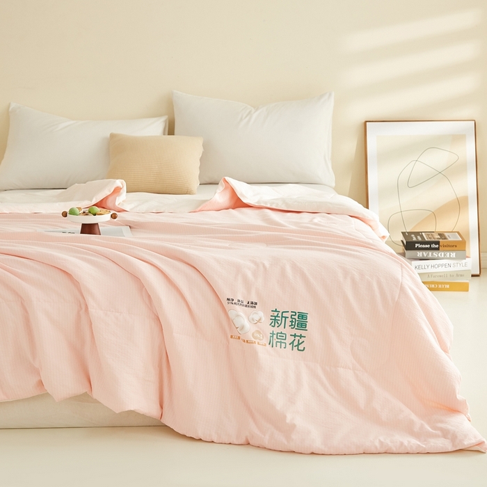 91家纺网 家纺一手货源 找家纺 小桃姐家纺 2026新款拼色无印风新疆棉花被春秋被夏被被子被芯 白桃粉
