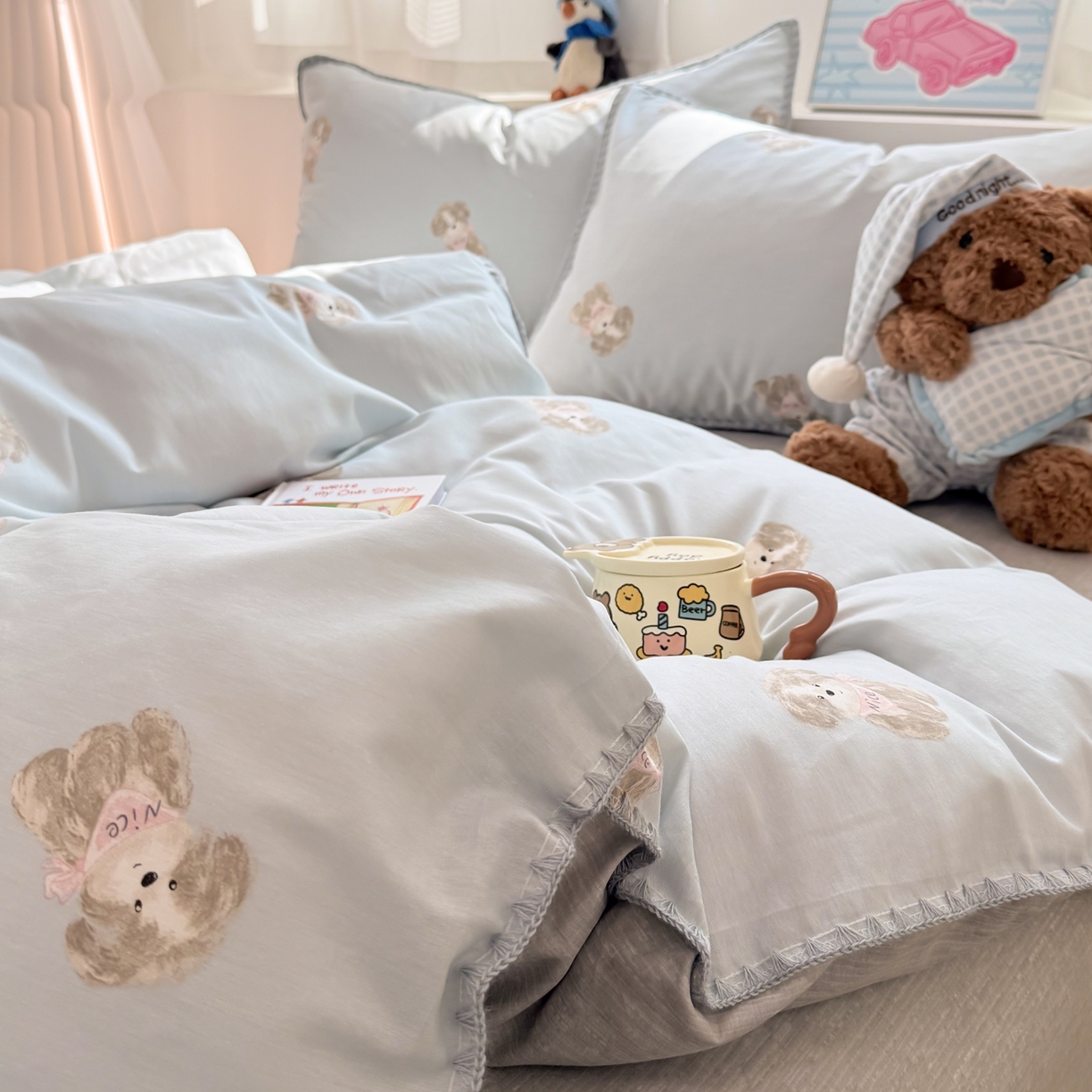 91家纺网 家纺一手货源 找家纺 简宜家居（朝初家纺） 2026新款贝壳边卡通可爱纯棉全棉四件套 Nice狗狗-兰