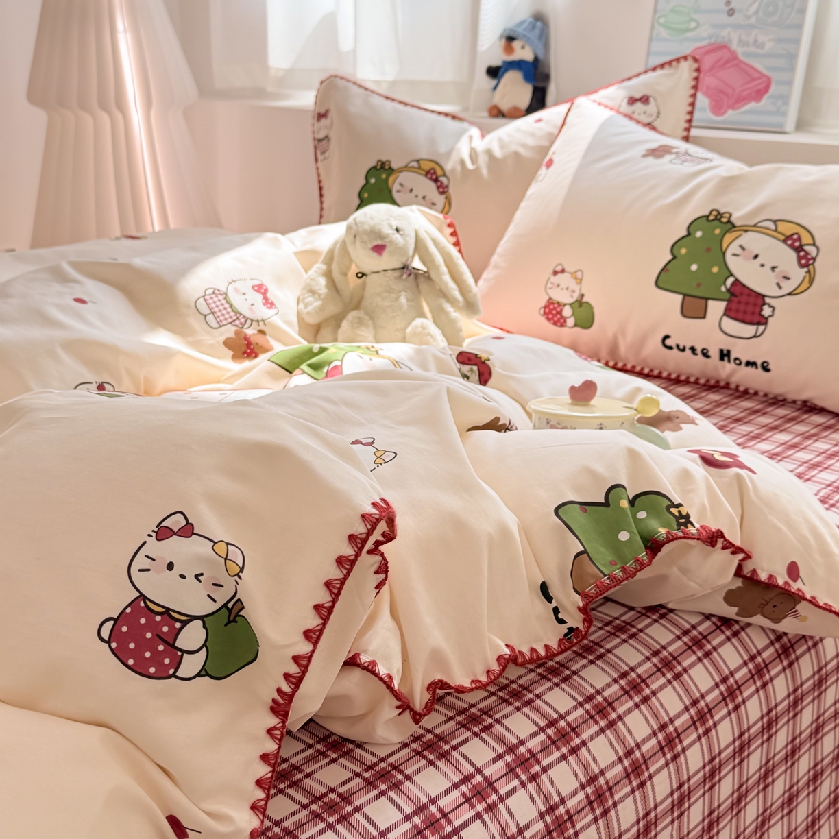 91家纺网 家纺一手货源 找家纺 简宜家居（朝初家纺） 2026新款贝壳边卡通可爱纯棉全棉四件套 红莓树屋