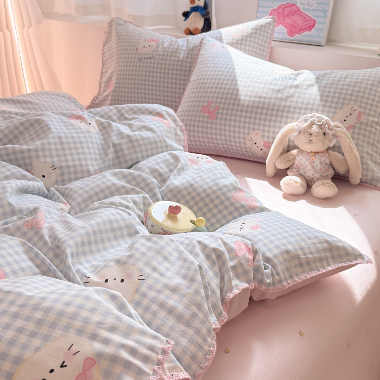 91家纺网 家纺一手货源 找家纺 简宜家居（朝初家纺） 2026新款贝壳边卡通可爱纯棉全棉四件套 蓝格日记