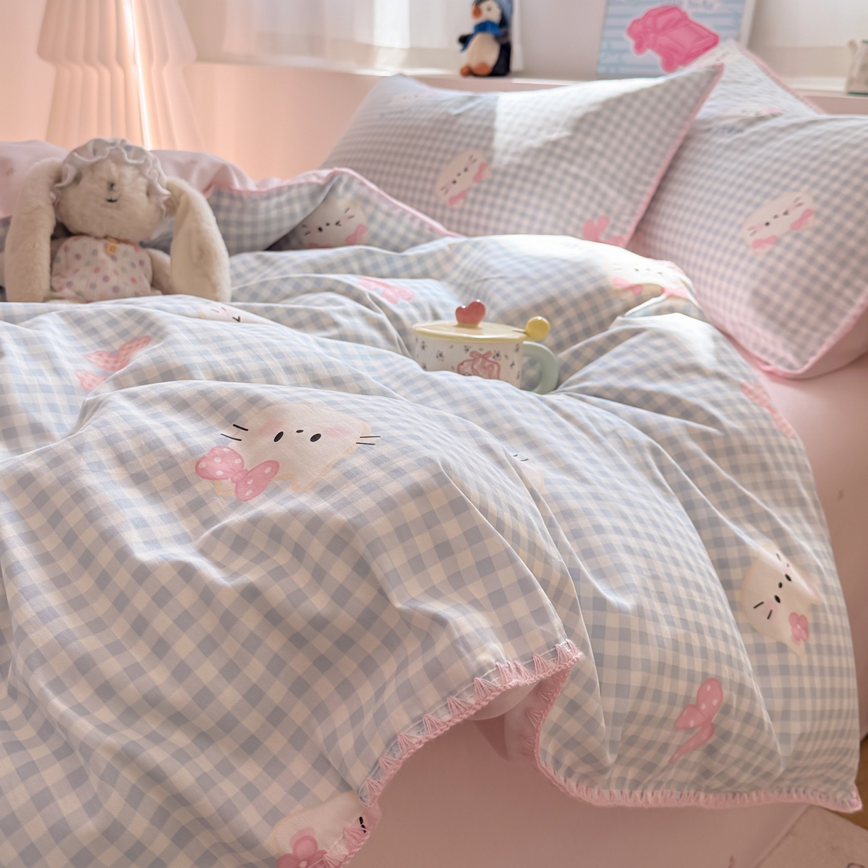 91家纺网 家纺一手货源 找家纺 简宜家居（朝初家纺） 2026新款贝壳边卡通可爱纯棉全棉四件套 蓝格日记