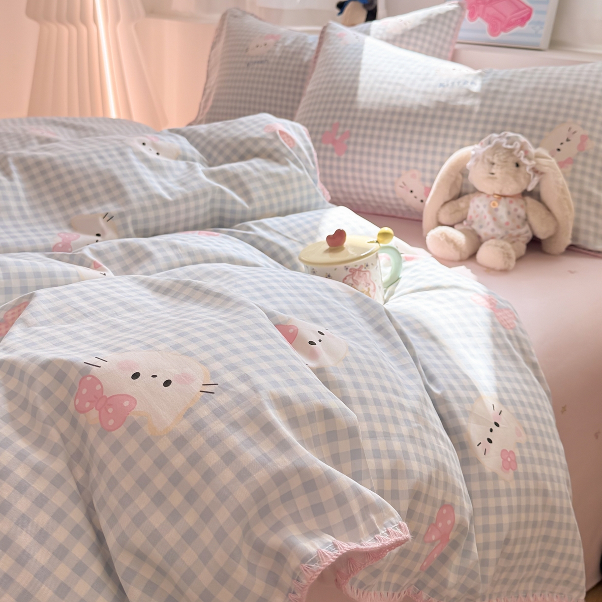 91家纺网 家纺一手货源 找家纺 简宜家居（朝初家纺） 2026新款贝壳边卡通可爱纯棉全棉四件套 蓝格日记