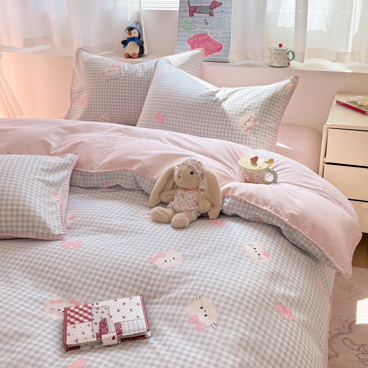 91家纺网 家纺一手货源 找家纺 简宜家居（朝初家纺） 2026新款贝壳边卡通可爱纯棉全棉四件套 蓝格日记