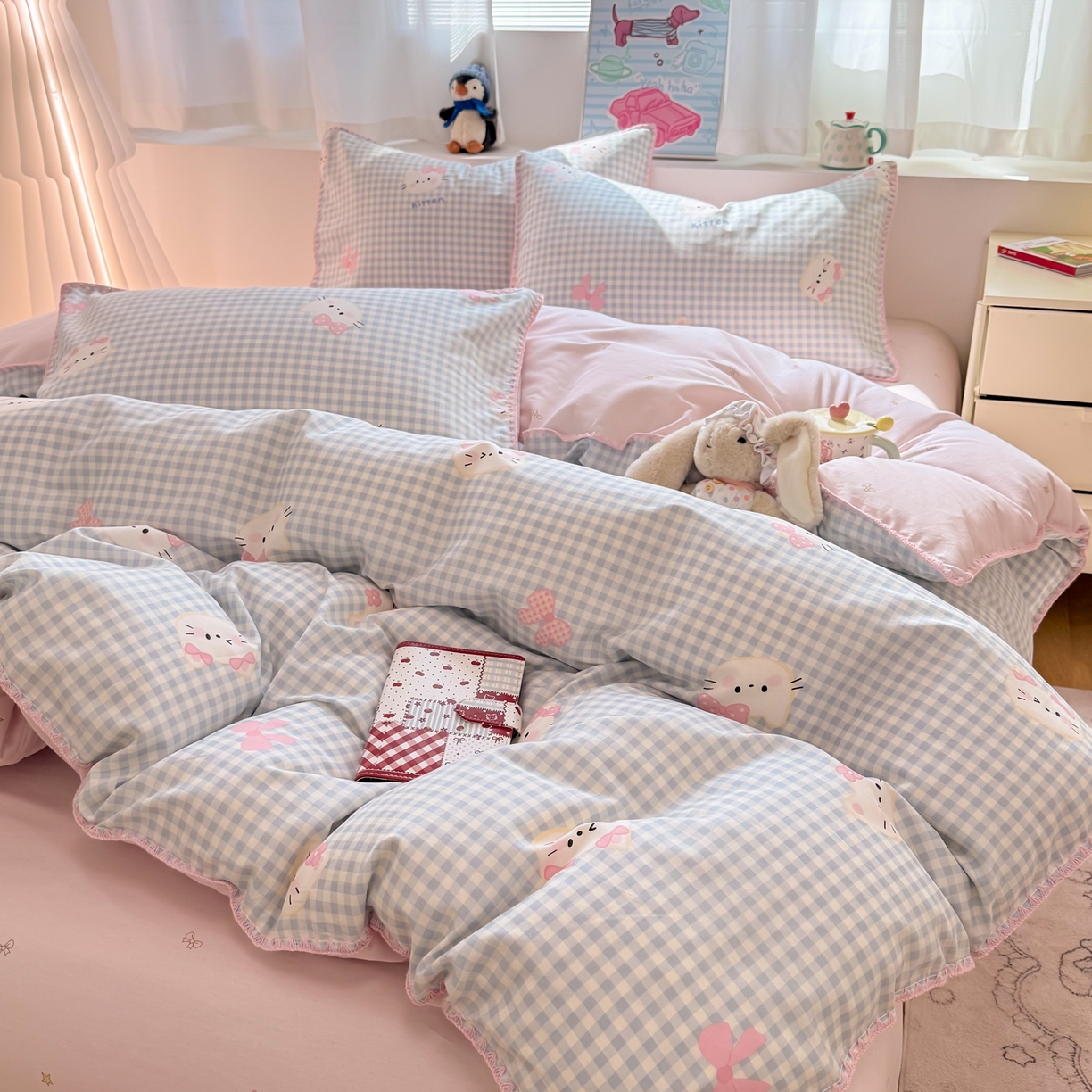 91家纺网 家纺一手货源 找家纺 简宜家居（朝初家纺） 2026新款贝壳边卡通可爱纯棉全棉四件套 蓝格日记