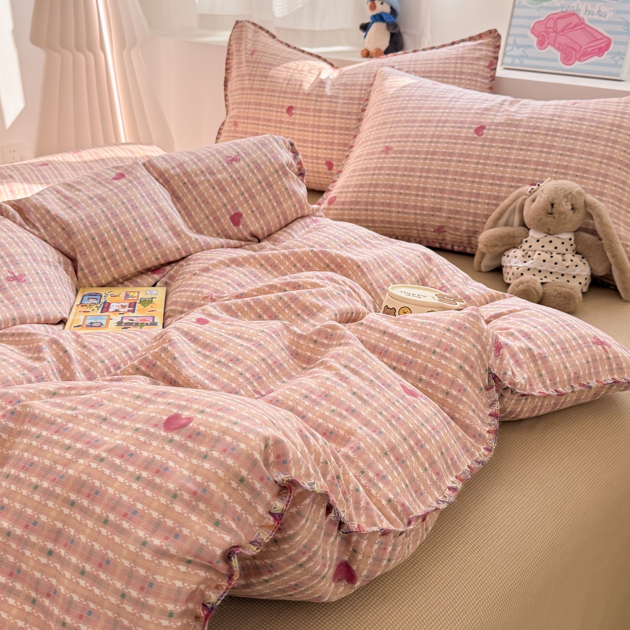 简宜家居（朝初家纺） 2026新款贝壳边卡通可爱纯棉全棉四件套 彩格爱心