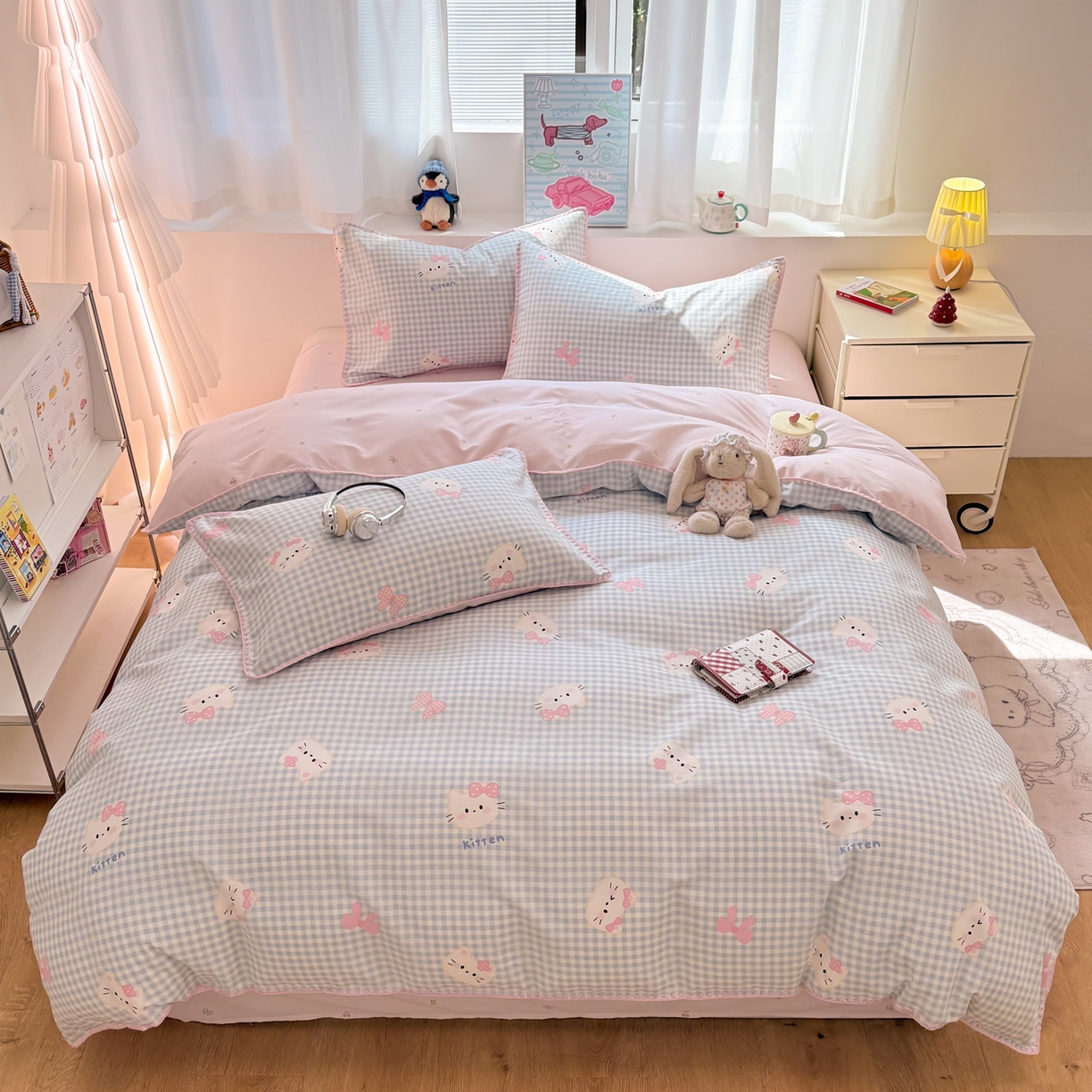 91家纺网 家纺一手货源 找家纺 简宜家居（朝初家纺） 2026新款贝壳边卡通可爱纯棉全棉四件套 蓝格日记