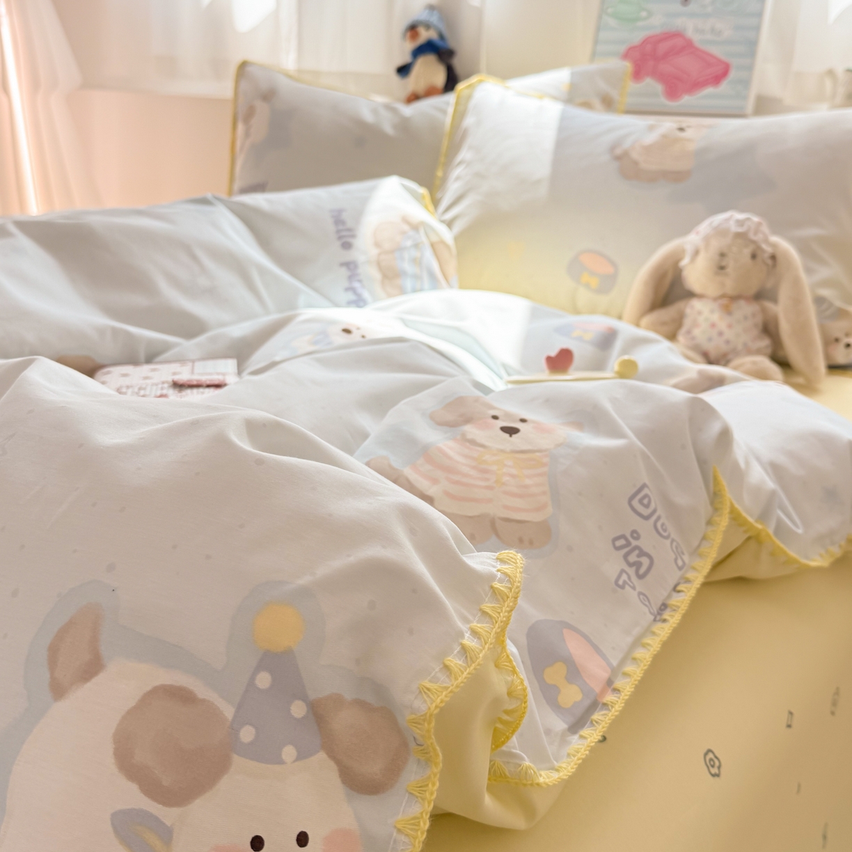 简宜家居（朝初家纺） 2026新款贝壳边卡通可爱纯棉全棉四件套 派对小狗-黄