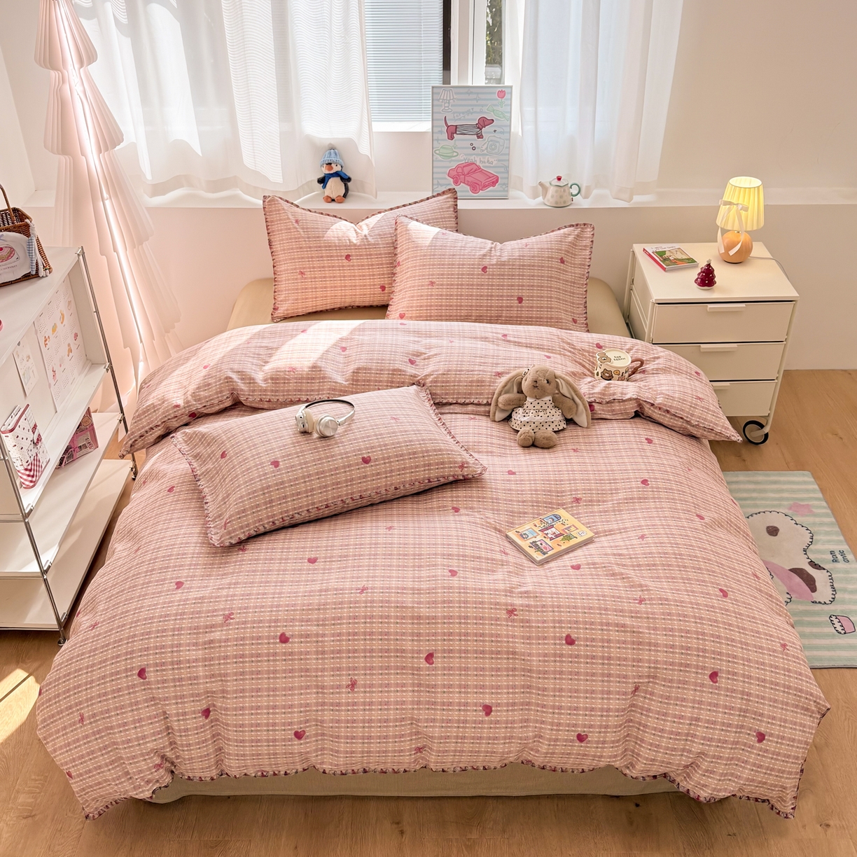 91家纺网 家纺一手货源 找家纺 简宜家居（朝初家纺） 2026新款贝壳边卡通可爱纯棉全棉四件套 彩格爱心