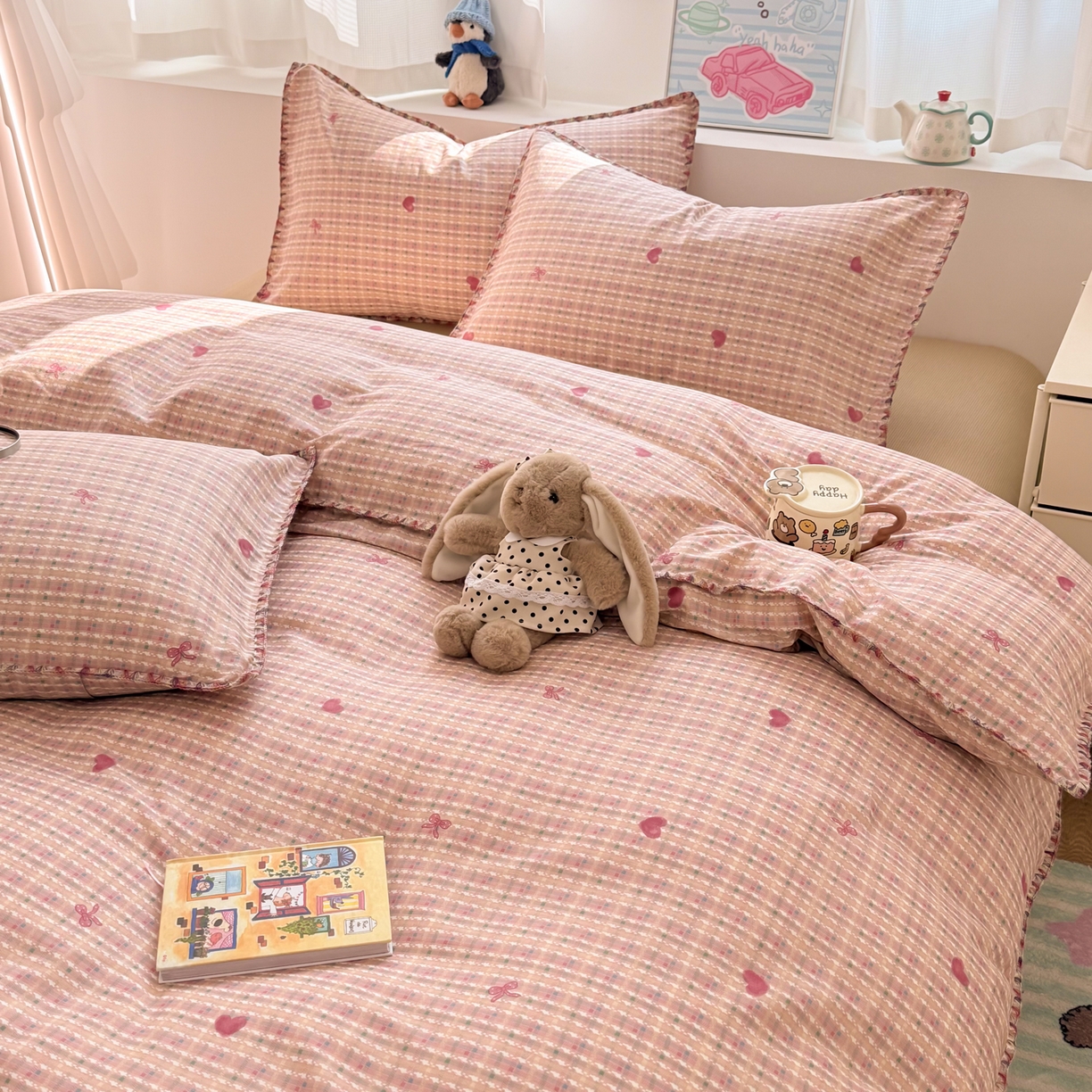 91家纺网 家纺一手货源 找家纺 简宜家居（朝初家纺） 2026新款贝壳边卡通可爱纯棉全棉四件套 彩格爱心