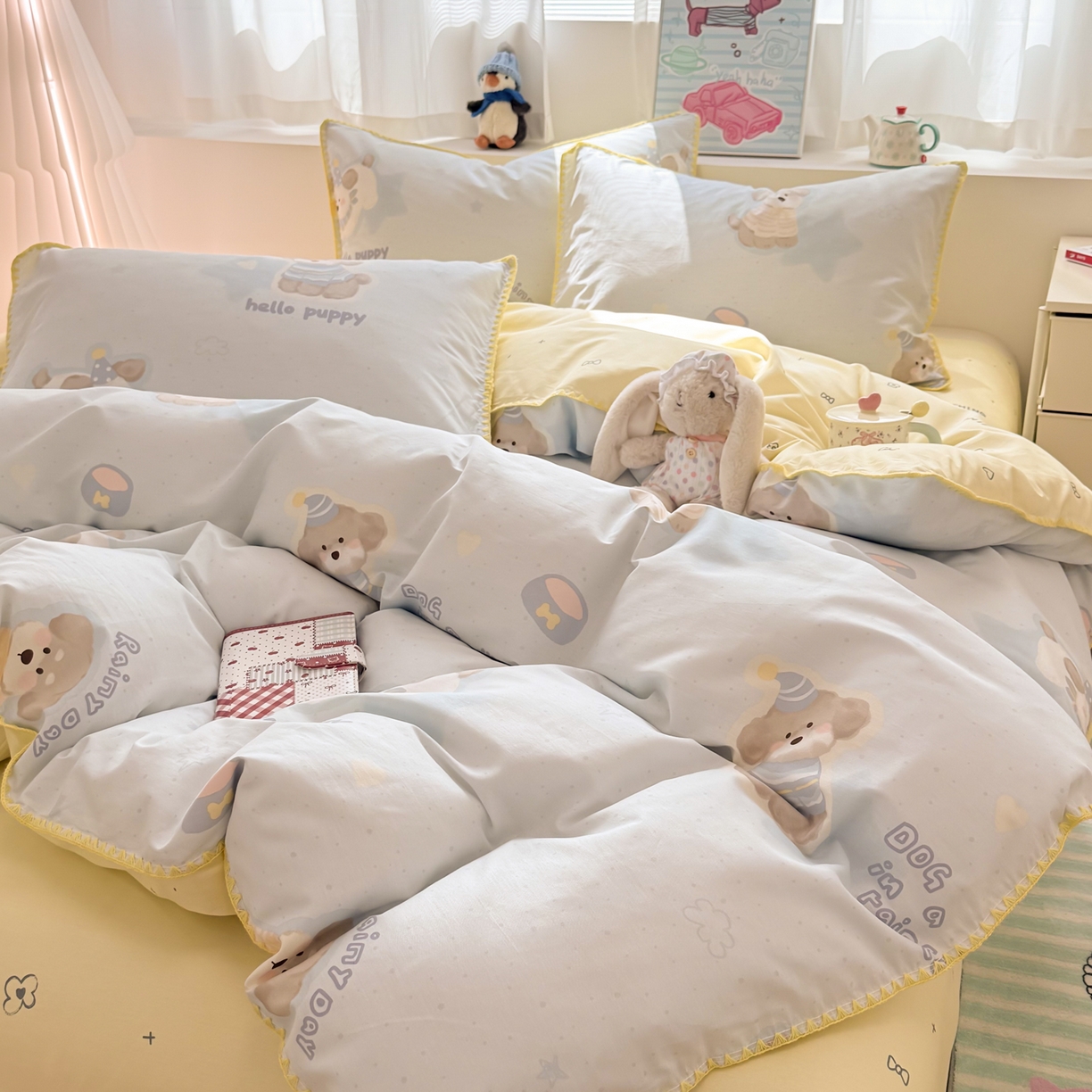 91家纺网 家纺一手货源 找家纺 简宜家居（朝初家纺） 2026新款贝壳边卡通可爱纯棉全棉四件套 派对小狗-黄