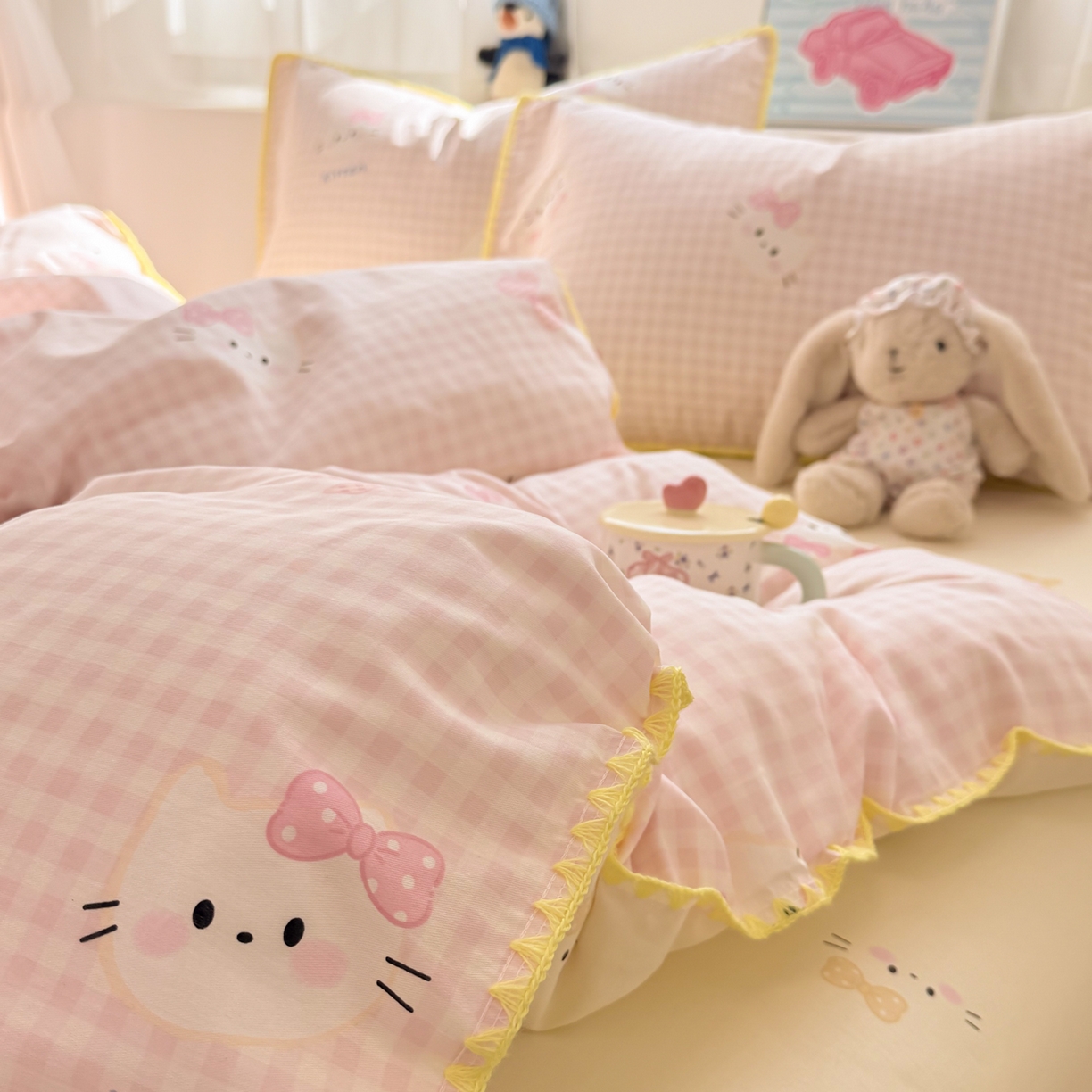 简宜家居（朝初家纺） 2026新款贝壳边卡通可爱纯棉全棉四件套 粉格日记