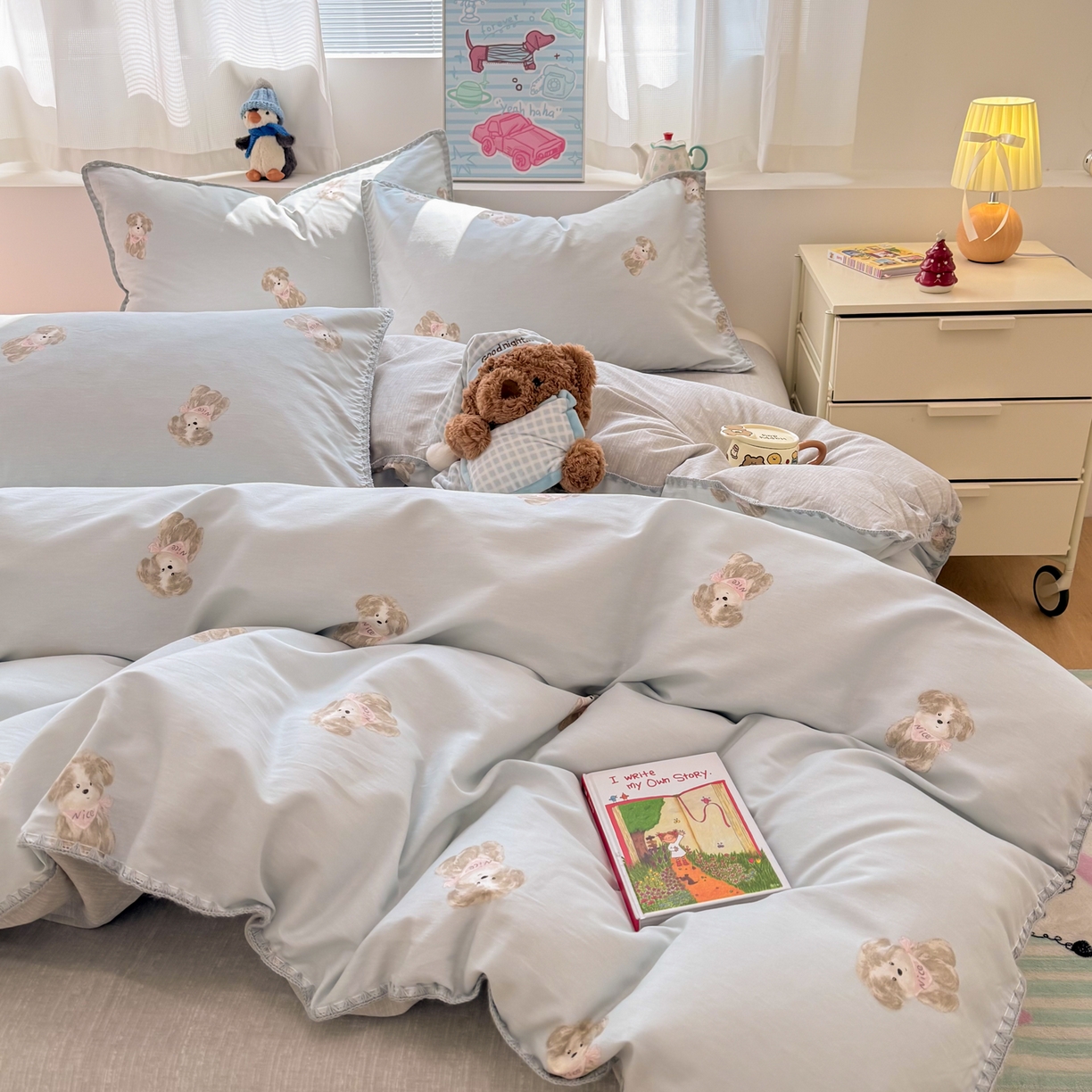 91家纺网 家纺一手货源 找家纺 简宜家居（朝初家纺） 2026新款贝壳边卡通可爱纯棉全棉四件套 Nice狗狗-兰