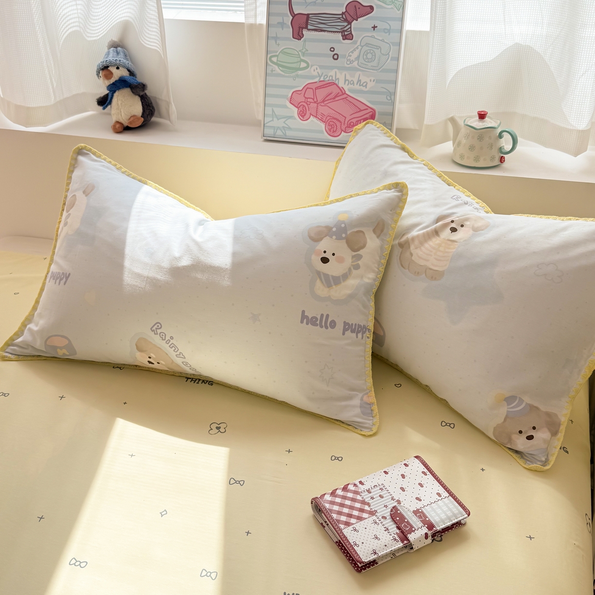91家纺网 家纺一手货源 找家纺 简宜家居（朝初家纺） 2026新款贝壳边卡通可爱纯棉全棉四件套 派对小狗-黄