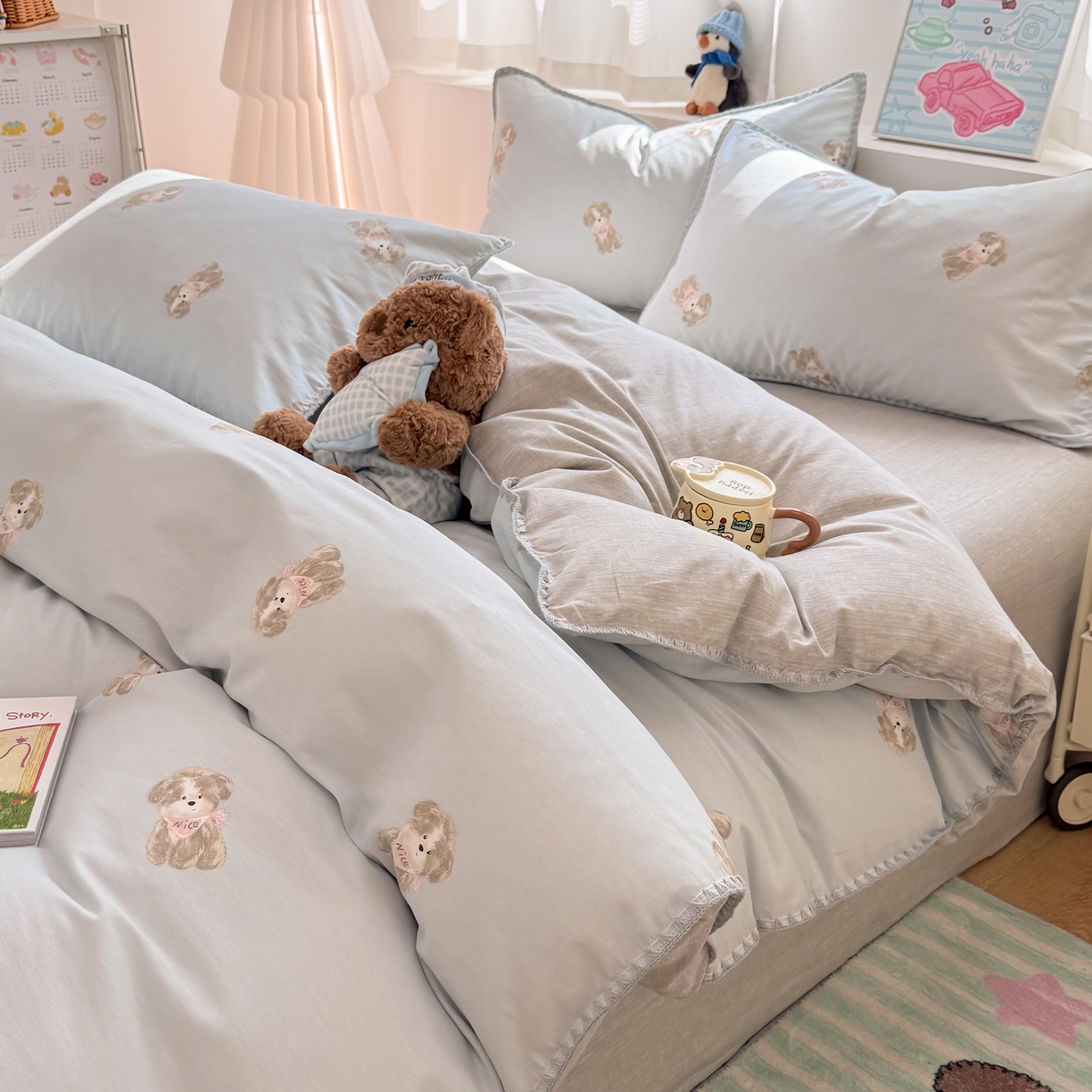 91家纺网 家纺一手货源 找家纺 简宜家居（朝初家纺） 2026新款贝壳边卡通可爱纯棉全棉四件套 Nice狗狗-兰