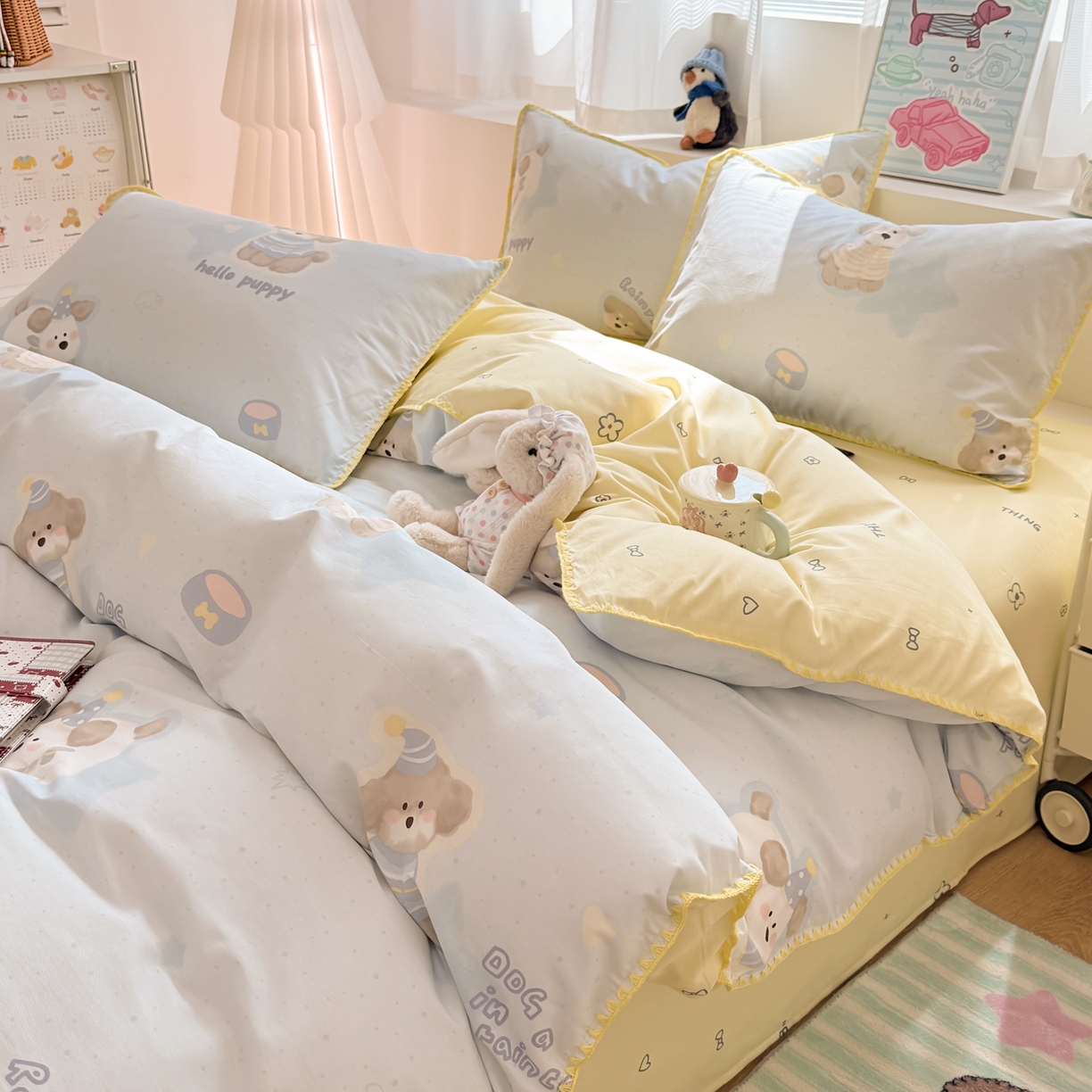 91家纺网 家纺一手货源 找家纺 简宜家居（朝初家纺） 2026新款贝壳边卡通可爱纯棉全棉四件套 派对小狗-黄