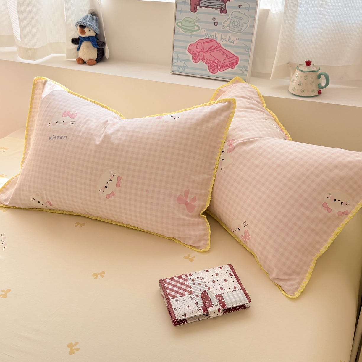 91家纺网 家纺一手货源 找家纺 简宜家居（朝初家纺） 2026新款贝壳边卡通可爱纯棉全棉四件套 粉格日记