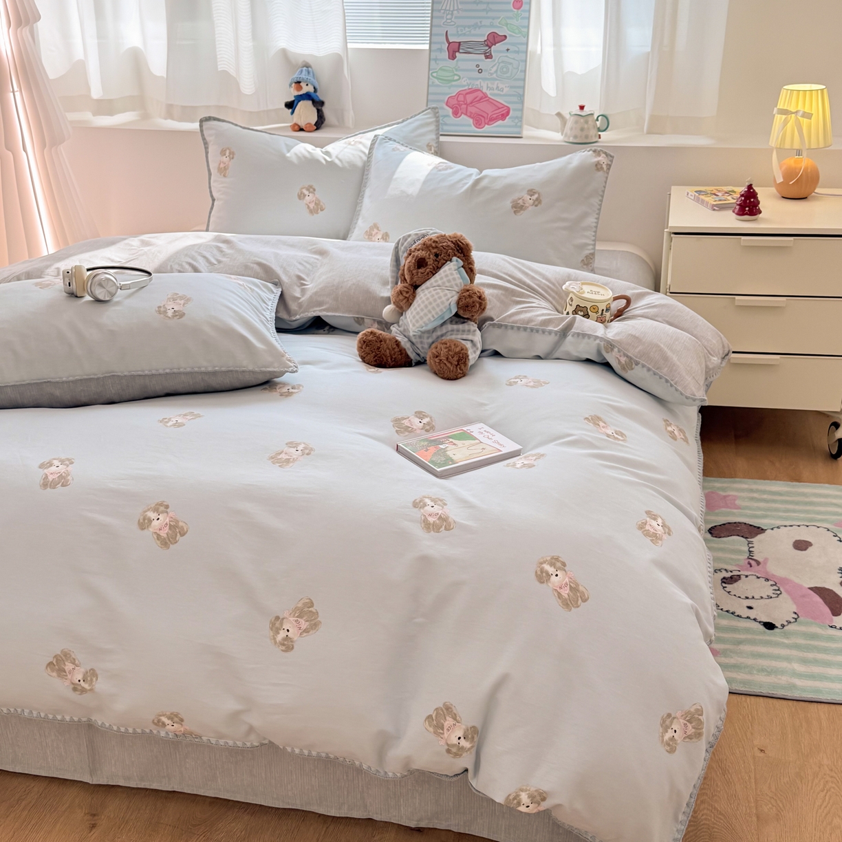 91家纺网 家纺一手货源 找家纺 简宜家居（朝初家纺） 2026新款贝壳边卡通可爱纯棉全棉四件套 Nice狗狗-兰