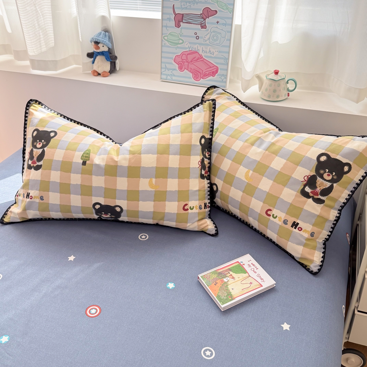 91家纺网 家纺一手货源 找家纺 简宜家居（朝初家纺） 2026新款贝壳边卡通可爱纯棉全棉四件套 苹果熊格子