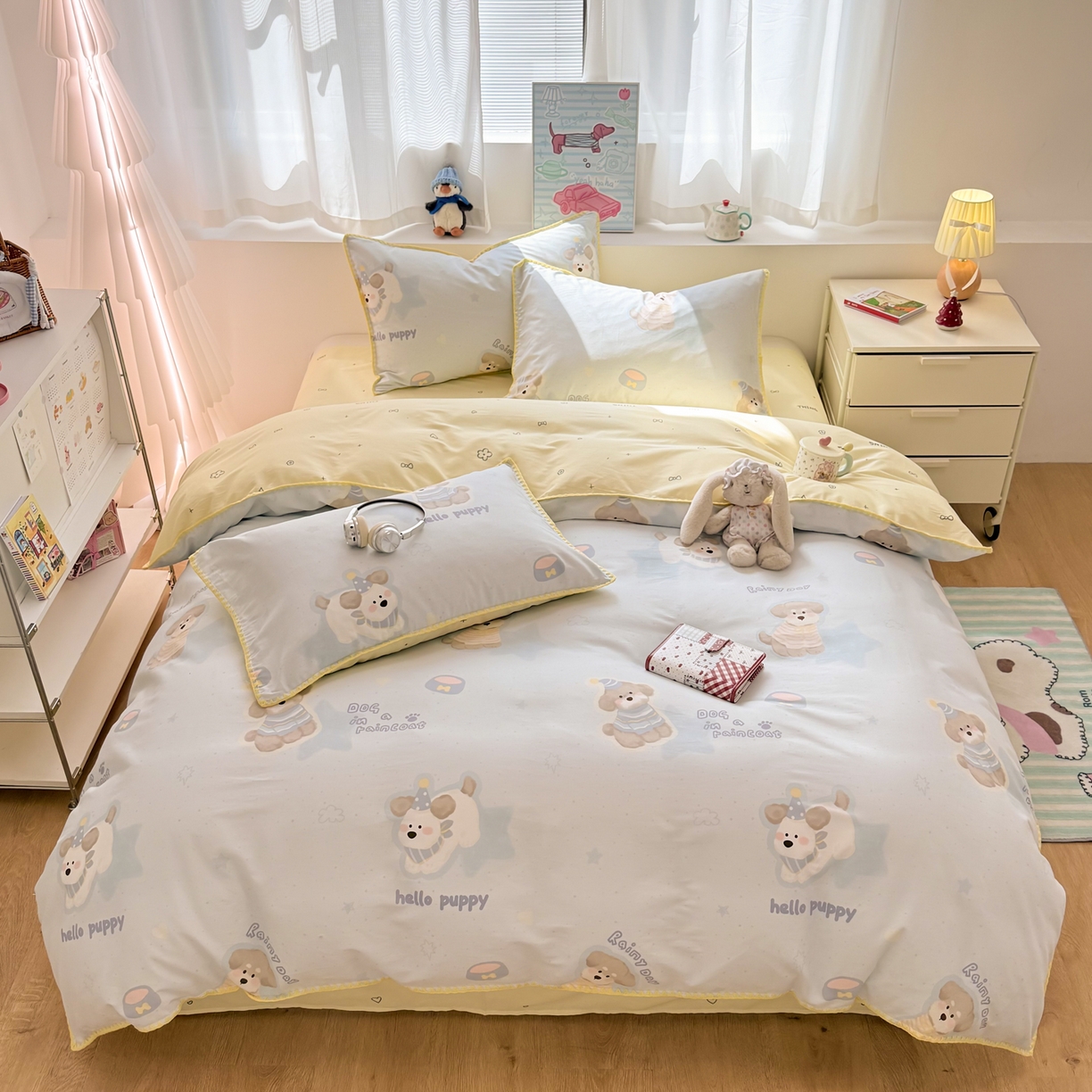 91家纺网 家纺一手货源 找家纺 简宜家居（朝初家纺） 2026新款贝壳边卡通可爱纯棉全棉四件套 派对小狗-黄