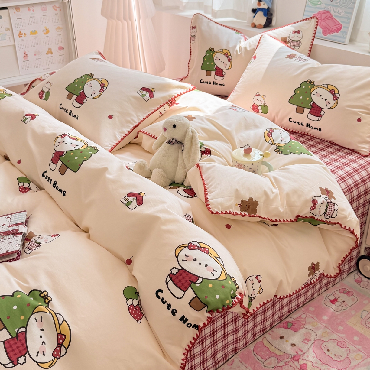 91家纺网 家纺一手货源 找家纺 简宜家居（朝初家纺） 2026新款贝壳边卡通可爱纯棉全棉四件套 红莓树屋