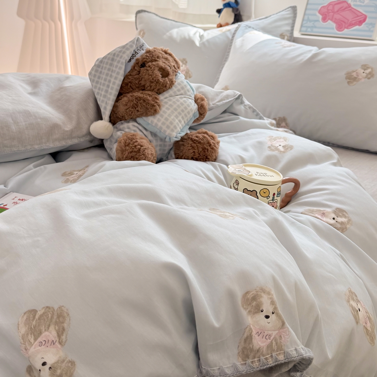 91家纺网 家纺一手货源 找家纺 简宜家居（朝初家纺） 2026新款贝壳边卡通可爱纯棉全棉四件套 Nice狗狗-兰