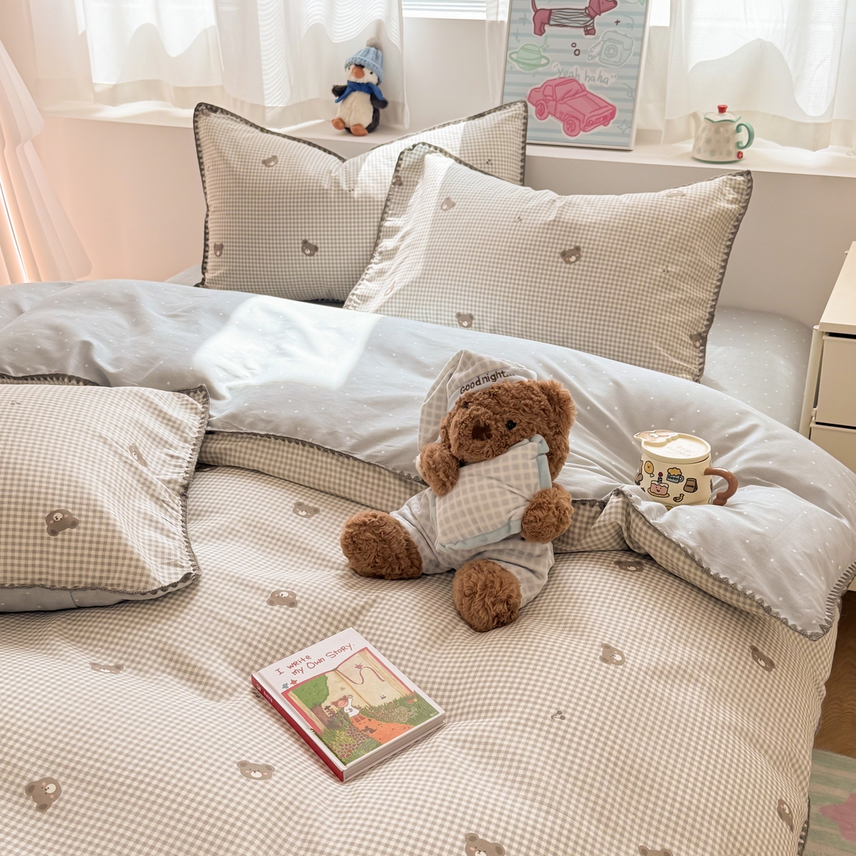 91家纺网 家纺一手货源 找家纺 简宜家居（朝初家纺） 2026新款贝壳边卡通可爱纯棉全棉四件套 棕格小熊