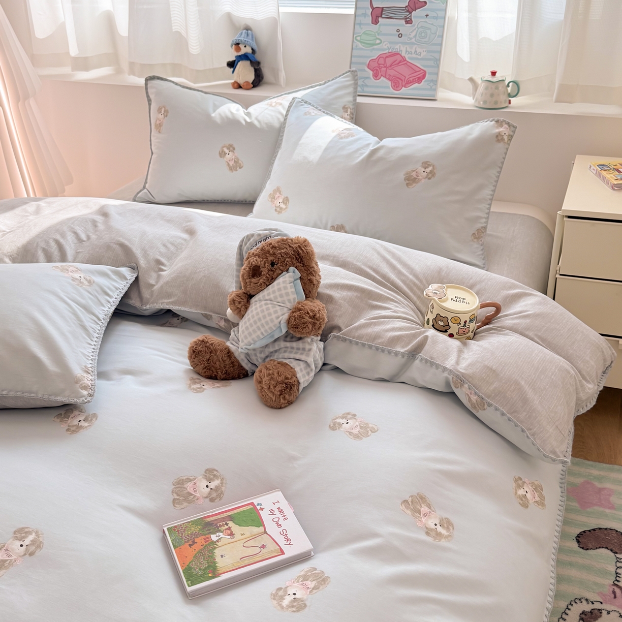 91家纺网 家纺一手货源 找家纺 简宜家居（朝初家纺） 2026新款贝壳边卡通可爱纯棉全棉四件套 Nice狗狗-兰